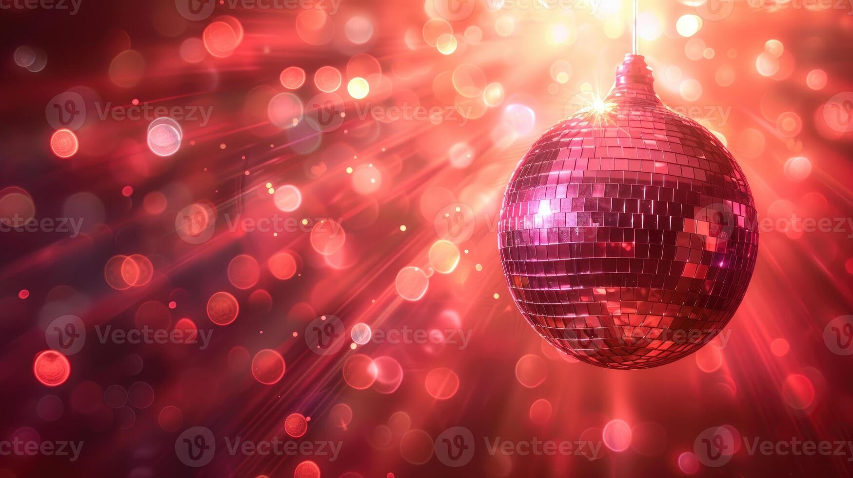 AI generated A vibrant disco ball illuminates a club scene with pulsating red lights. Energetic, Ai Generated. photo