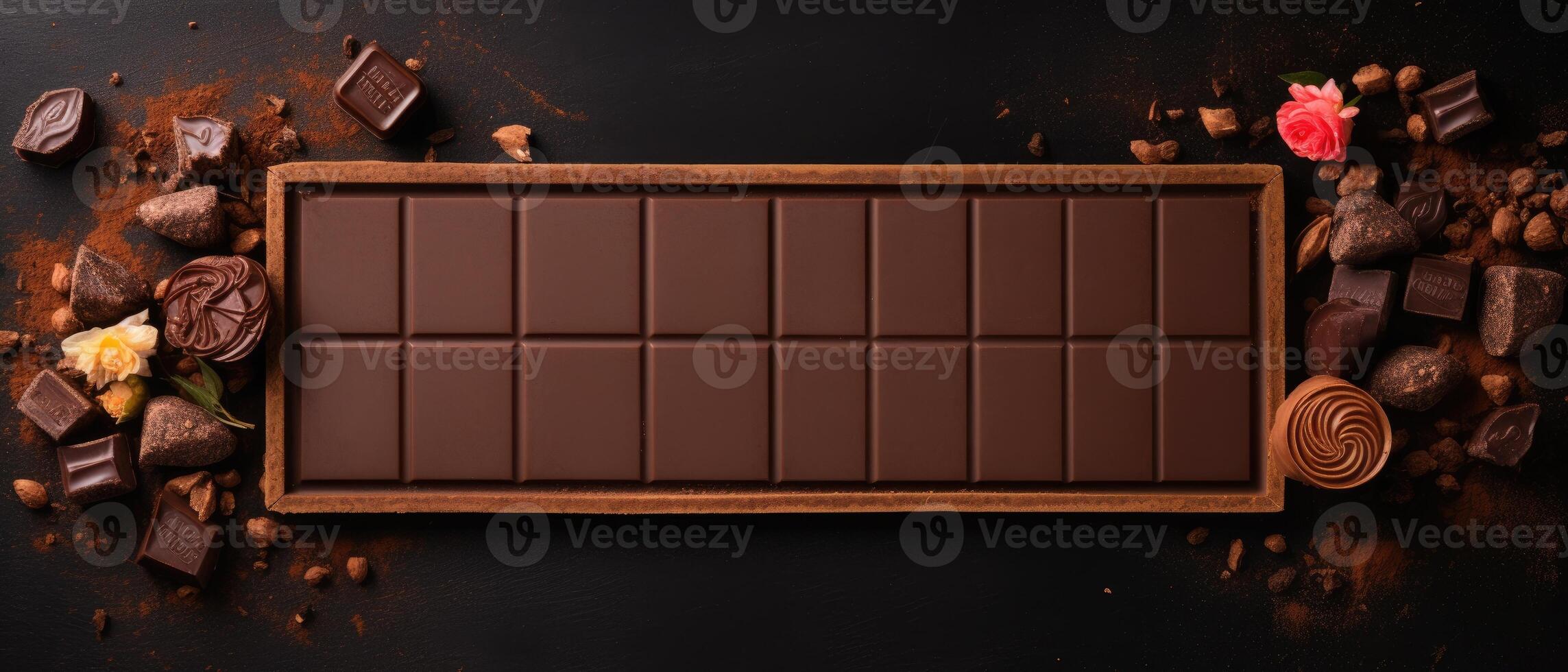 ai generado un rectangular marco de vacío chocolate, rodeado por bloques de Rico marrón Leche chocolate, ai generado. foto