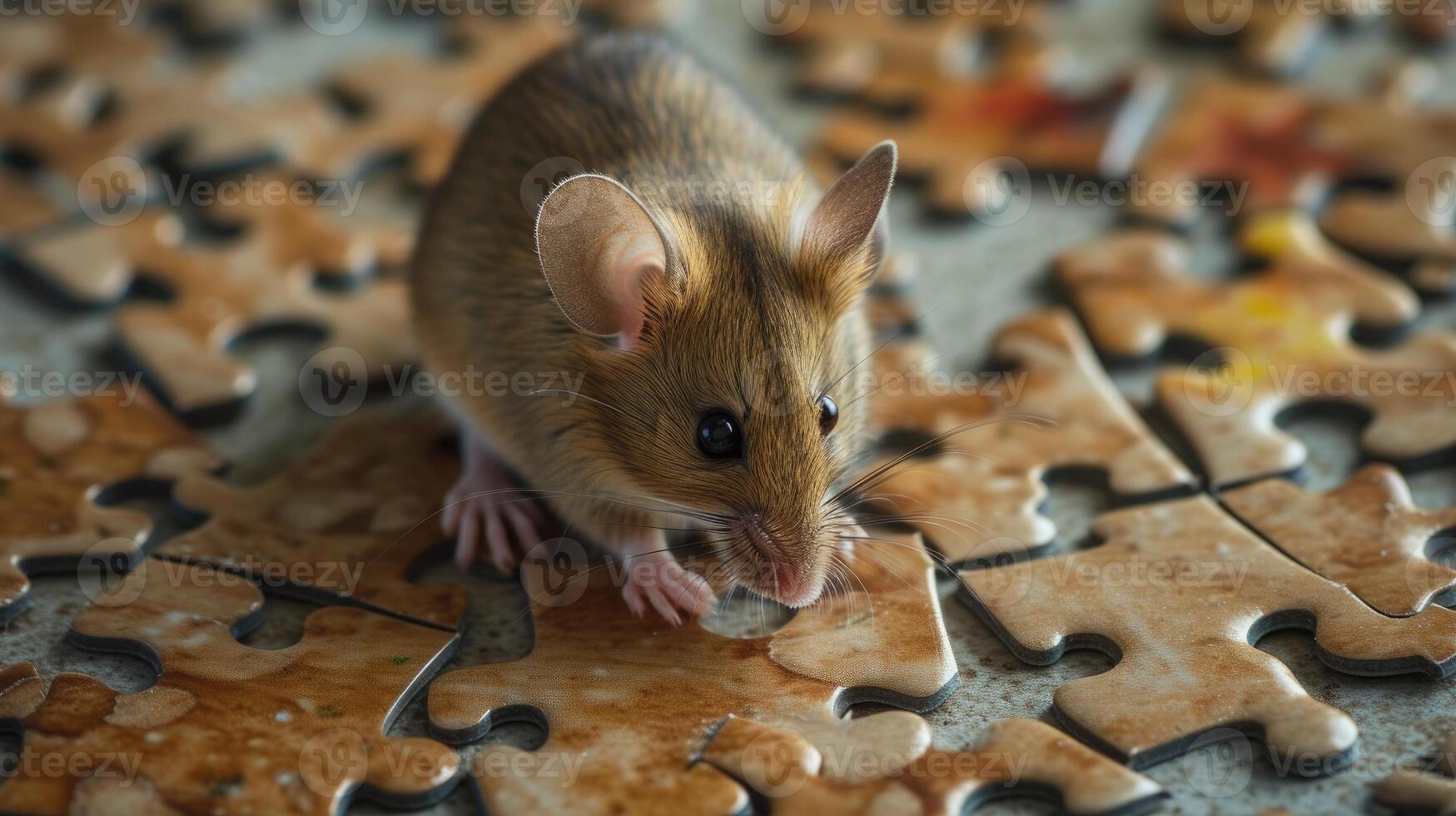 AI generated Cute mouse engrossed in a jigsaw puzzle, adding a whimsical touch, Ai Generated. photo