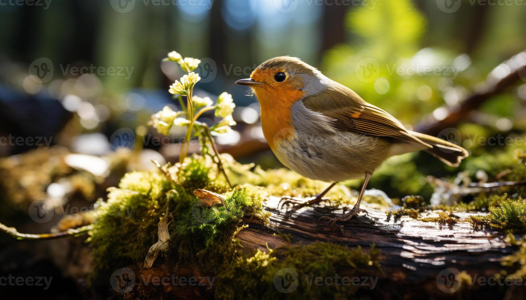 AI generated Cute bird perching on branch, singing in tranquil forest generated by AI photo