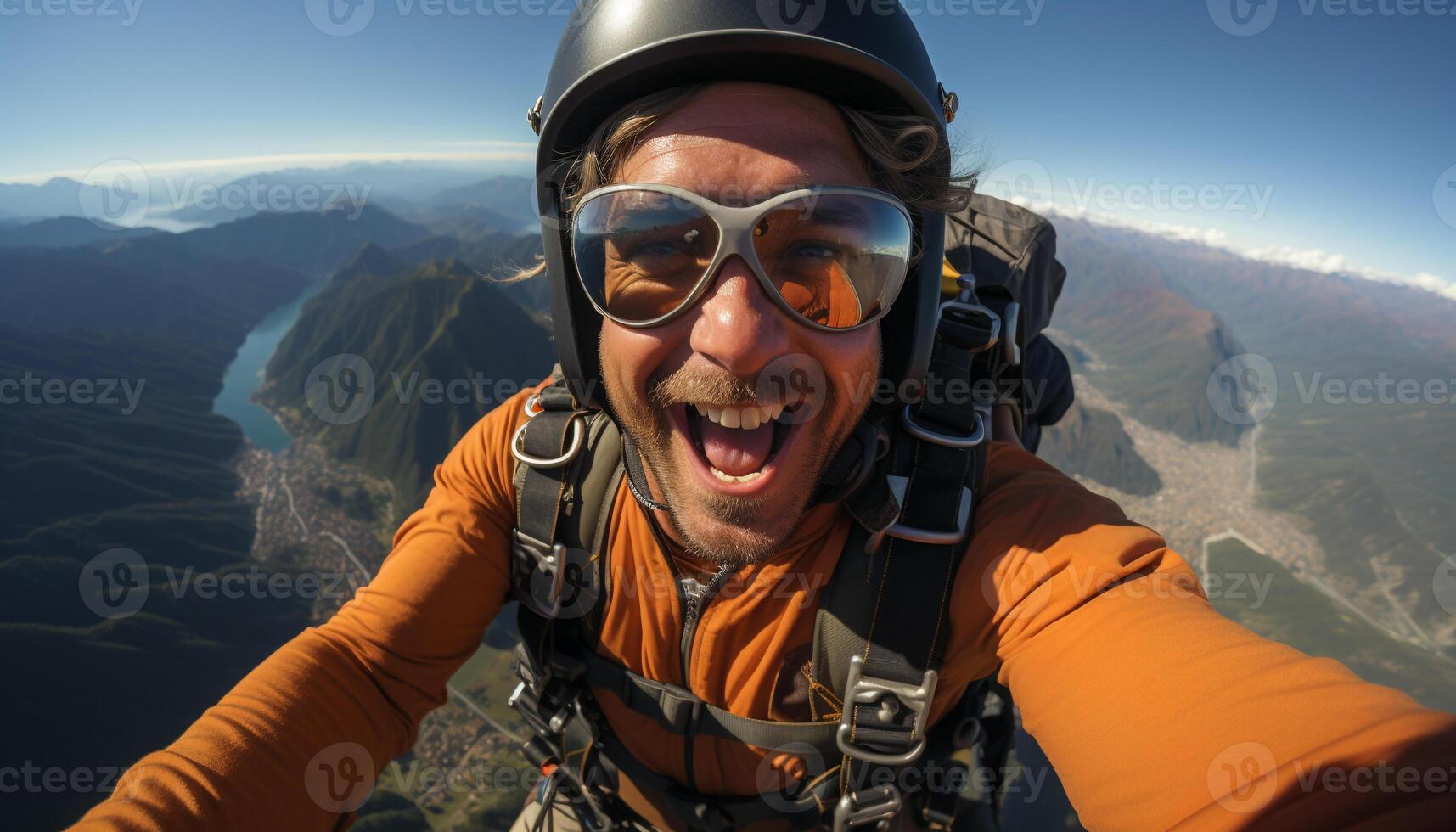 AI generated One person smiling, standing high up, enjoying mountain adventure generated by AI photo