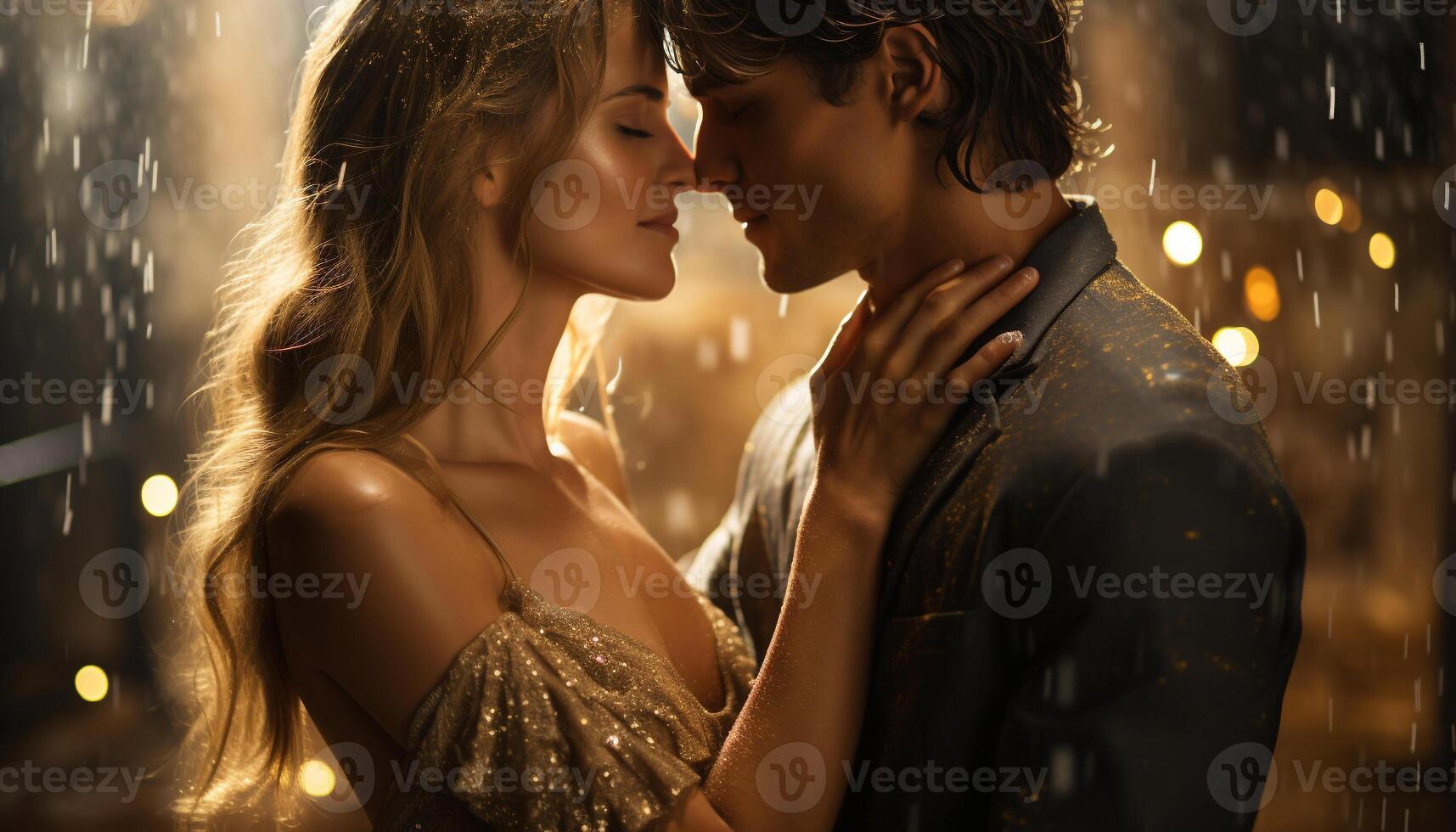 AI generated Young couple embracing, enjoying the rain, love and happiness generated by AI photo