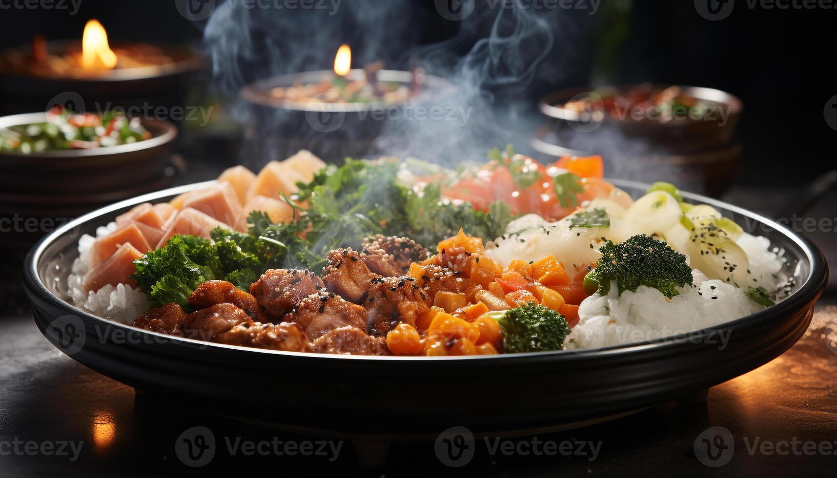 AI generated Grilled pork and beef, fresh vegetables, a healthy gourmet meal generated by AI photo