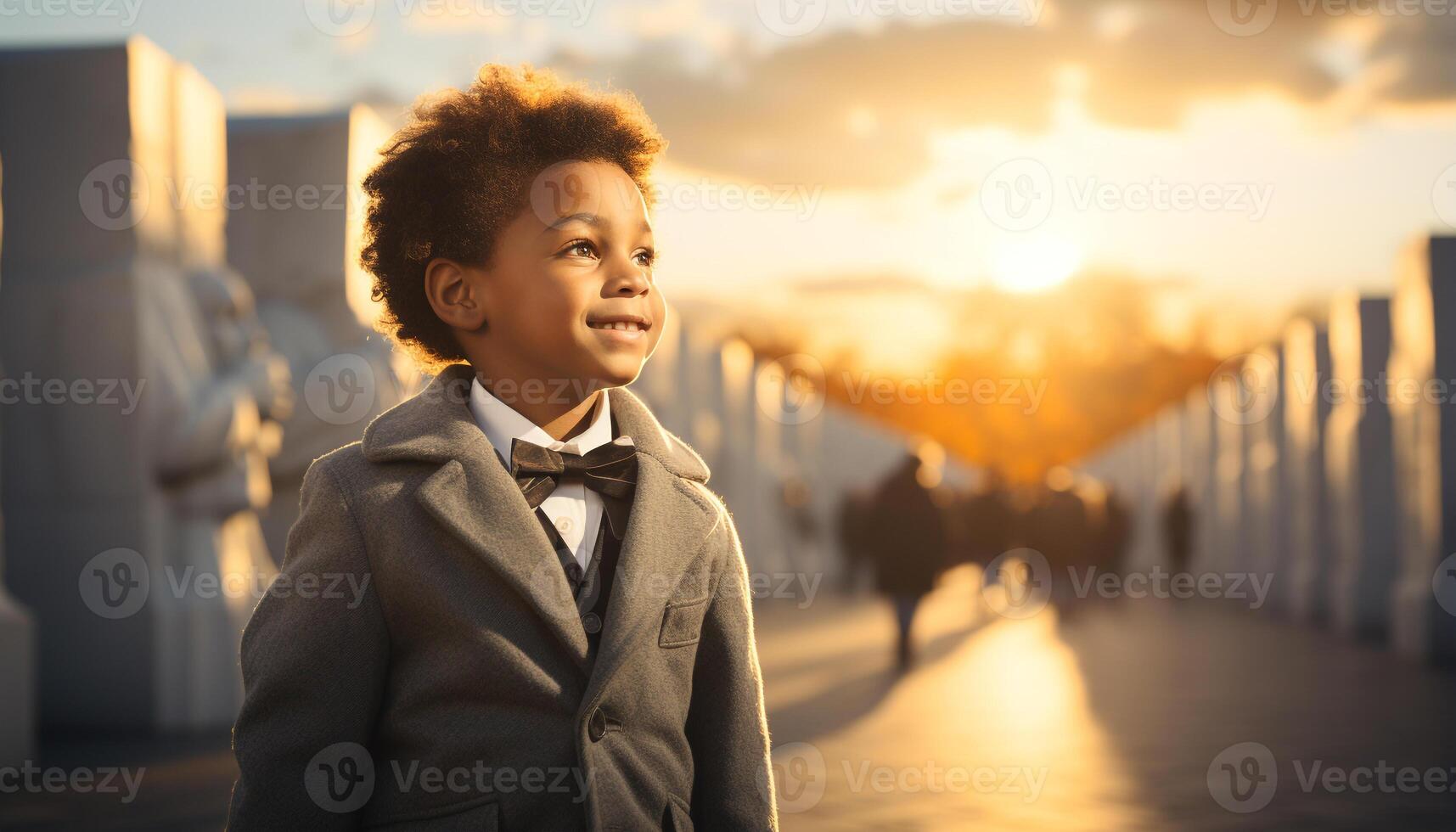 AI generated A cheerful businessman stands outdoors, smiling at the sunset generated by AI photo