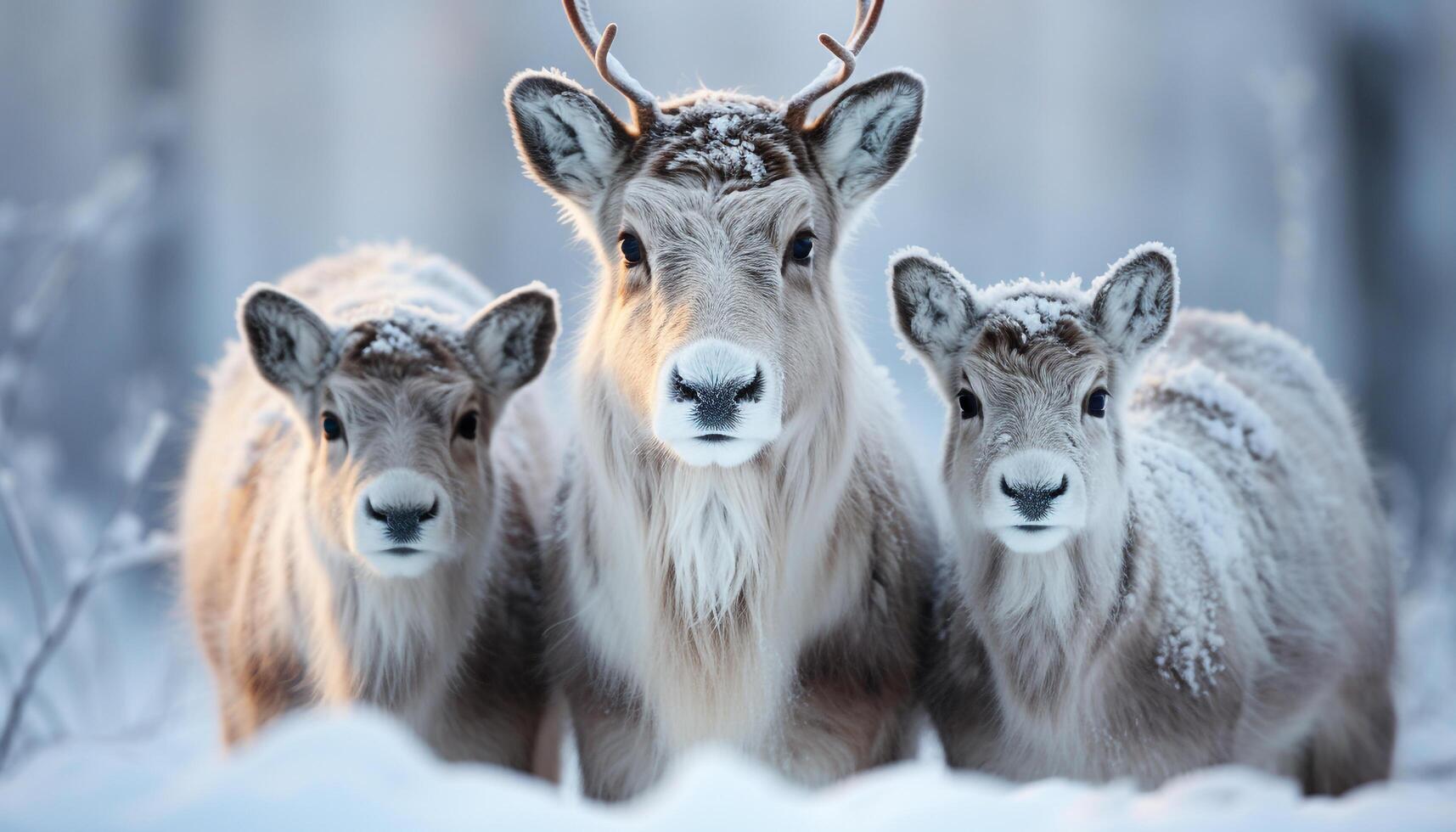 AI generated Cute young goat looking at camera in snowy forest generated by AI photo