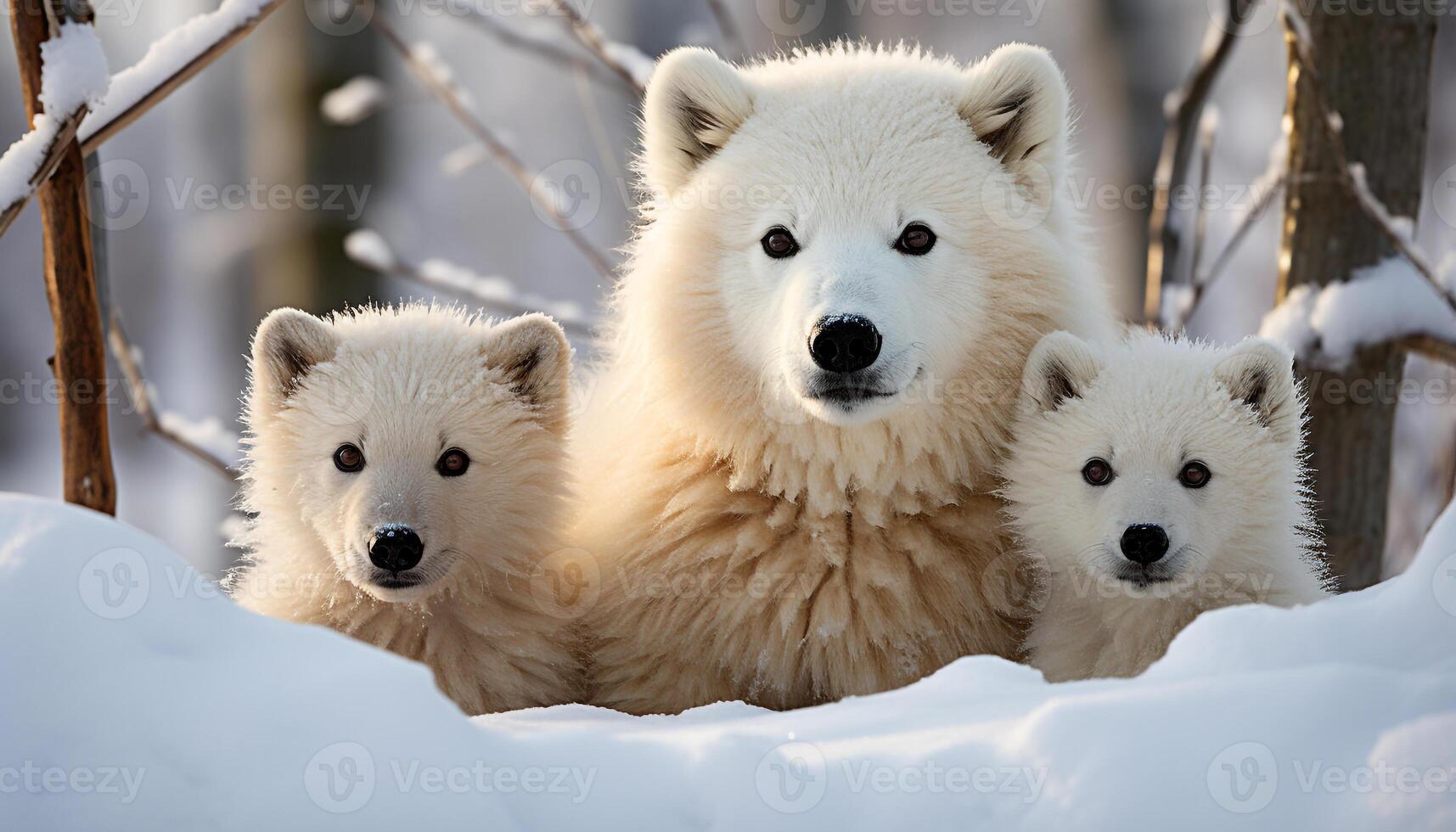 ai generado linda perrito jugando en el nieve con peludo amigos generado por ai foto