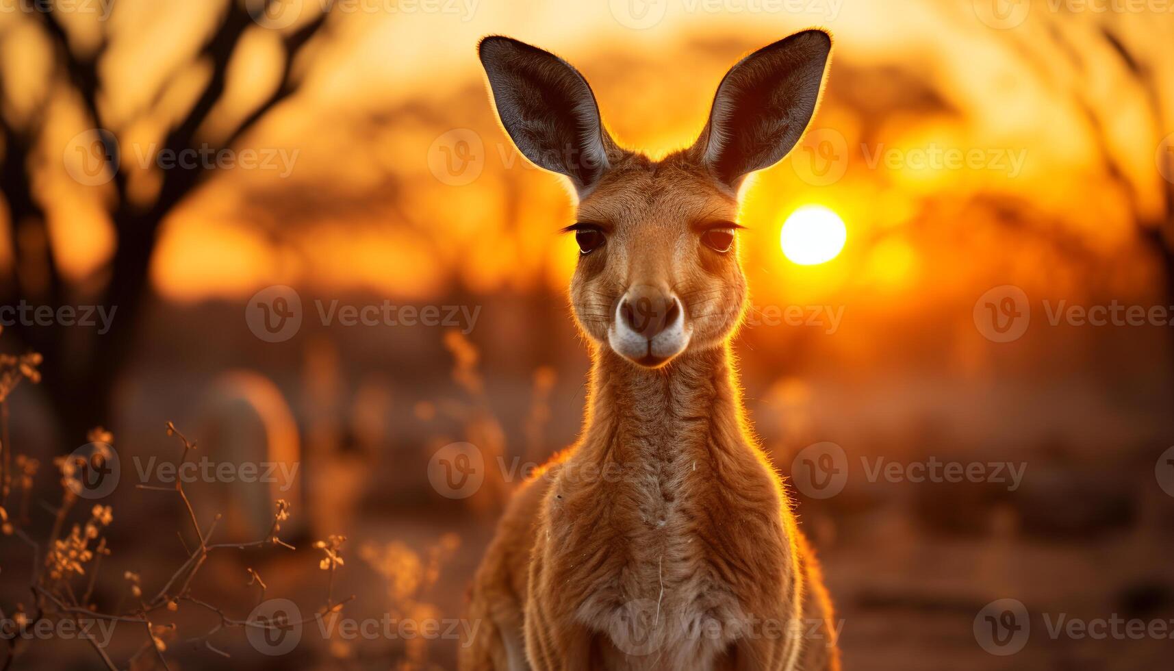 AI generated Cute deer grazing on meadow, looking at camera, at sunset generated by AI photo