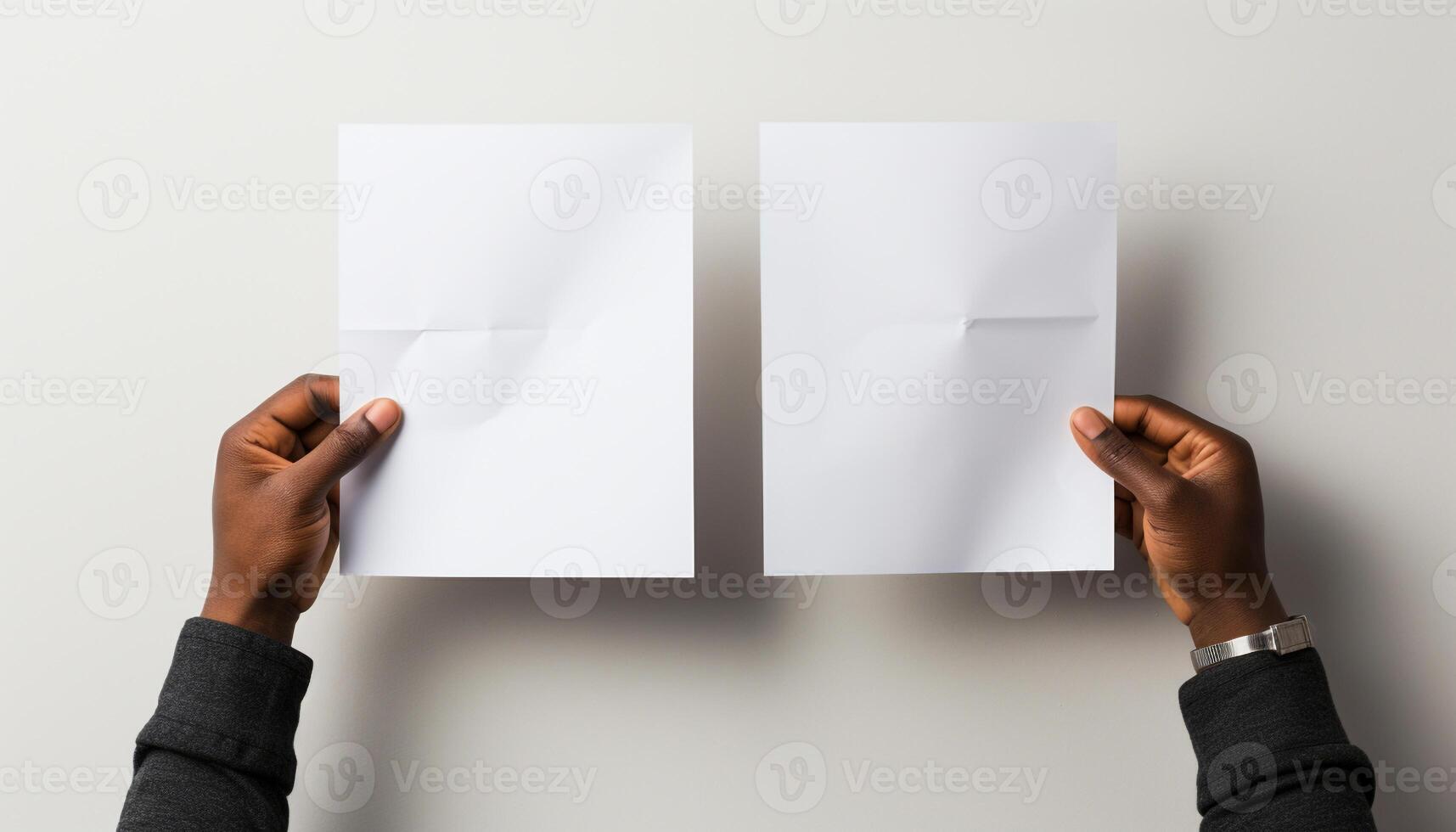 AI generated Businessman and businesswoman holding blank paper, showing success in office generated by AI photo