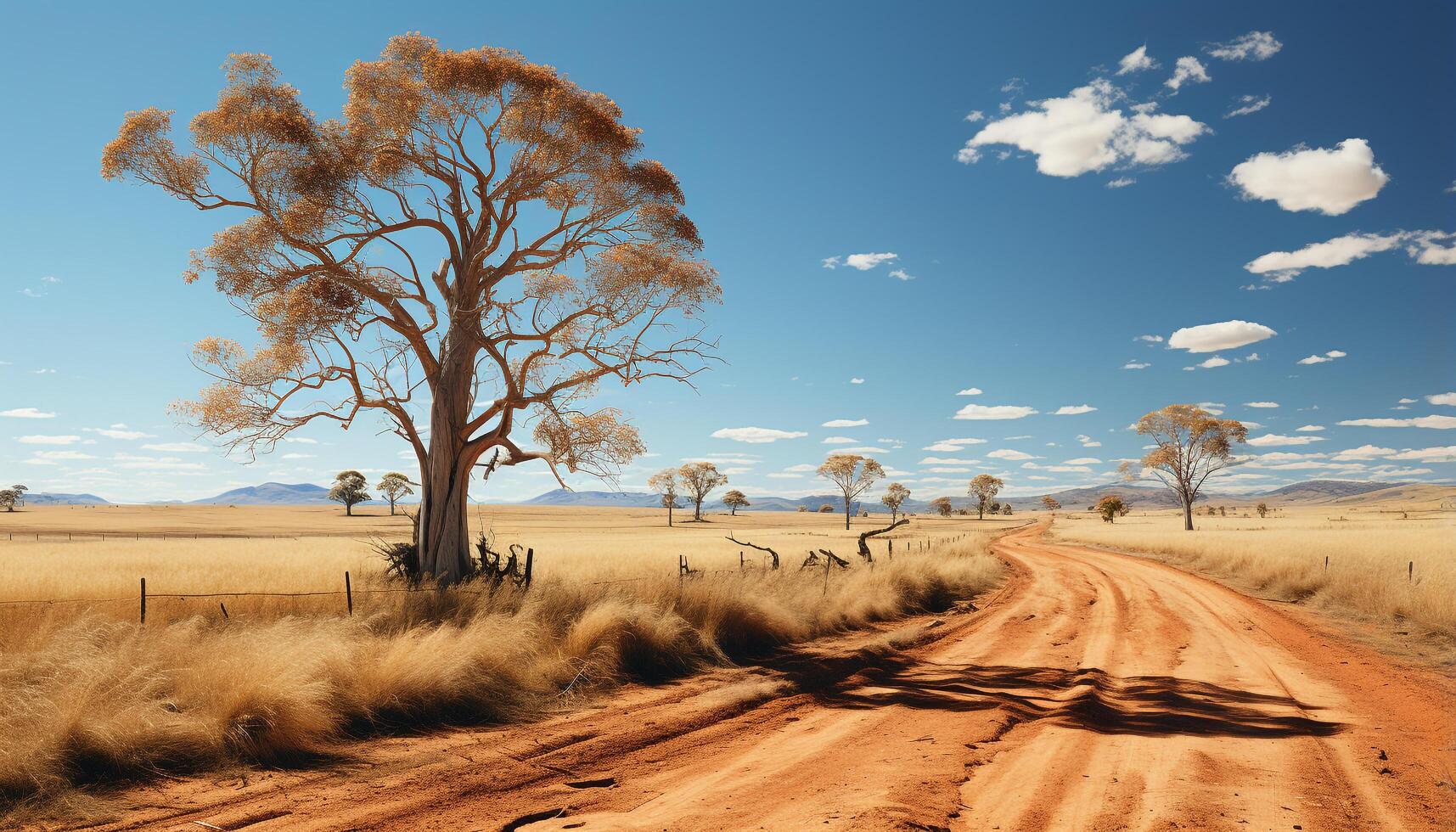 AI generated African savannah dry grass, acacia tree, sand dune, blue sky generated by AI photo