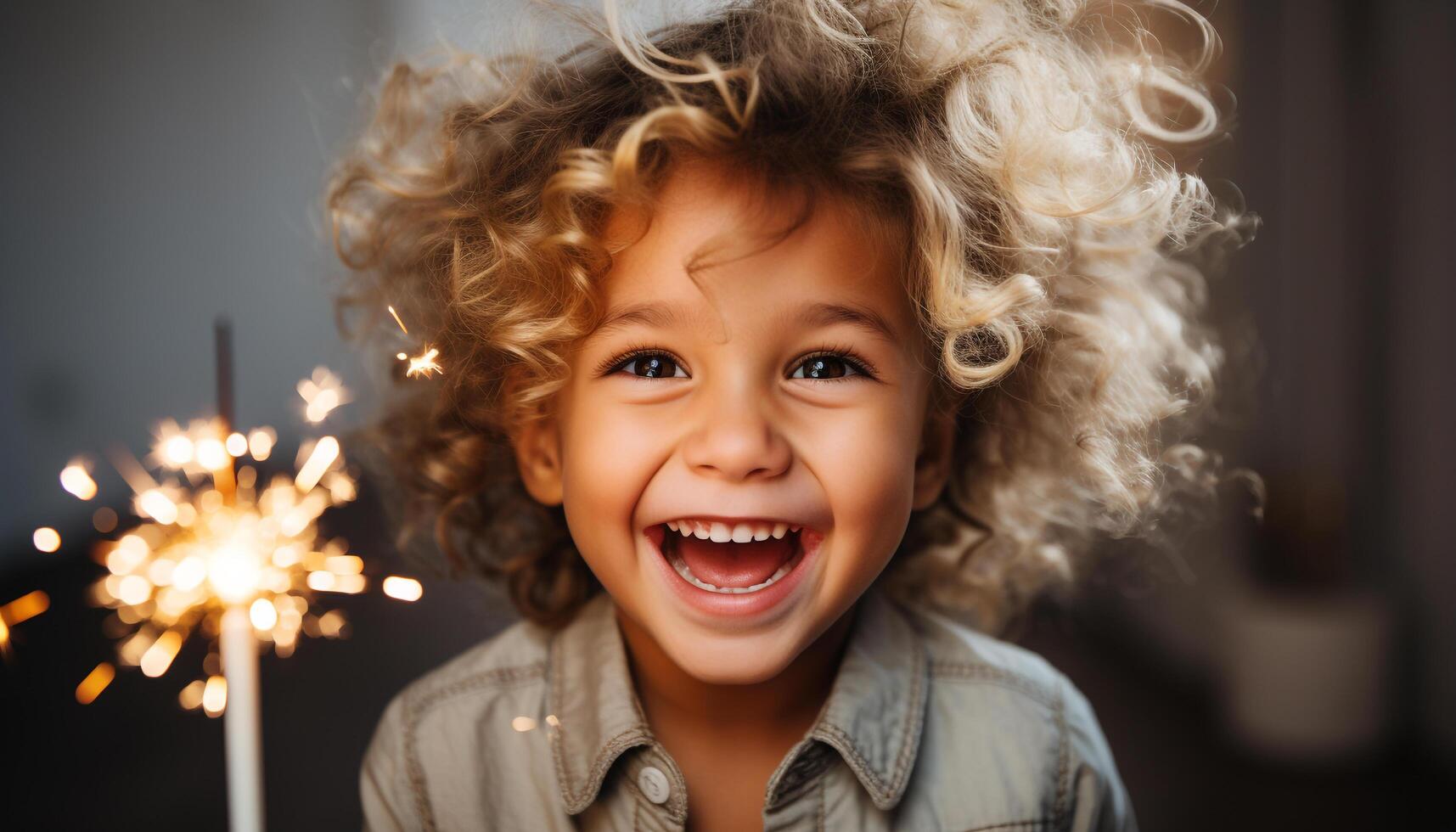 AI generated A cheerful boy with curly hair, smiling and looking at camera generated by AI photo