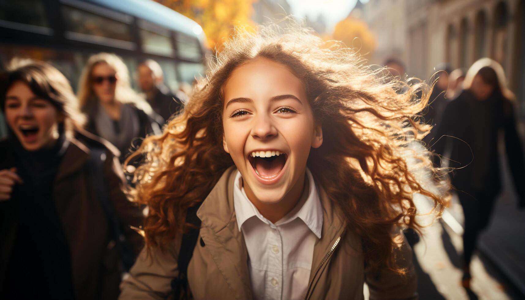 AI generated A group of cheerful young adults enjoying city life together generated by AI photo