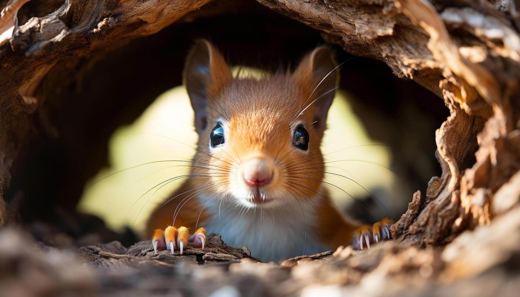 AI generated Cute fluffy rodent peeks out from tree, nature hiding spot generated by AI photo