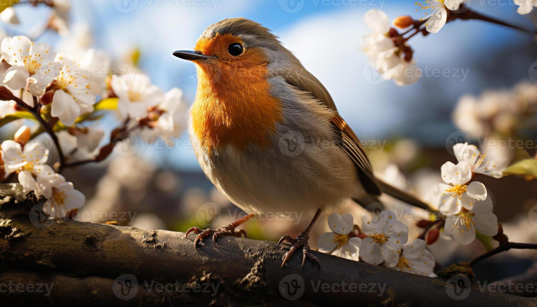 AI generated A cute bird perching on a branch, surrounded by blossoms generated by AI photo