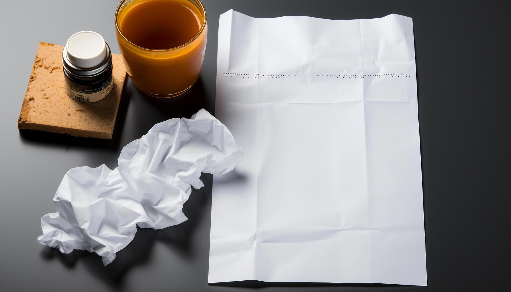 AI generated A crumpled prescription medicine packet, a messy office frustration generated by AI photo