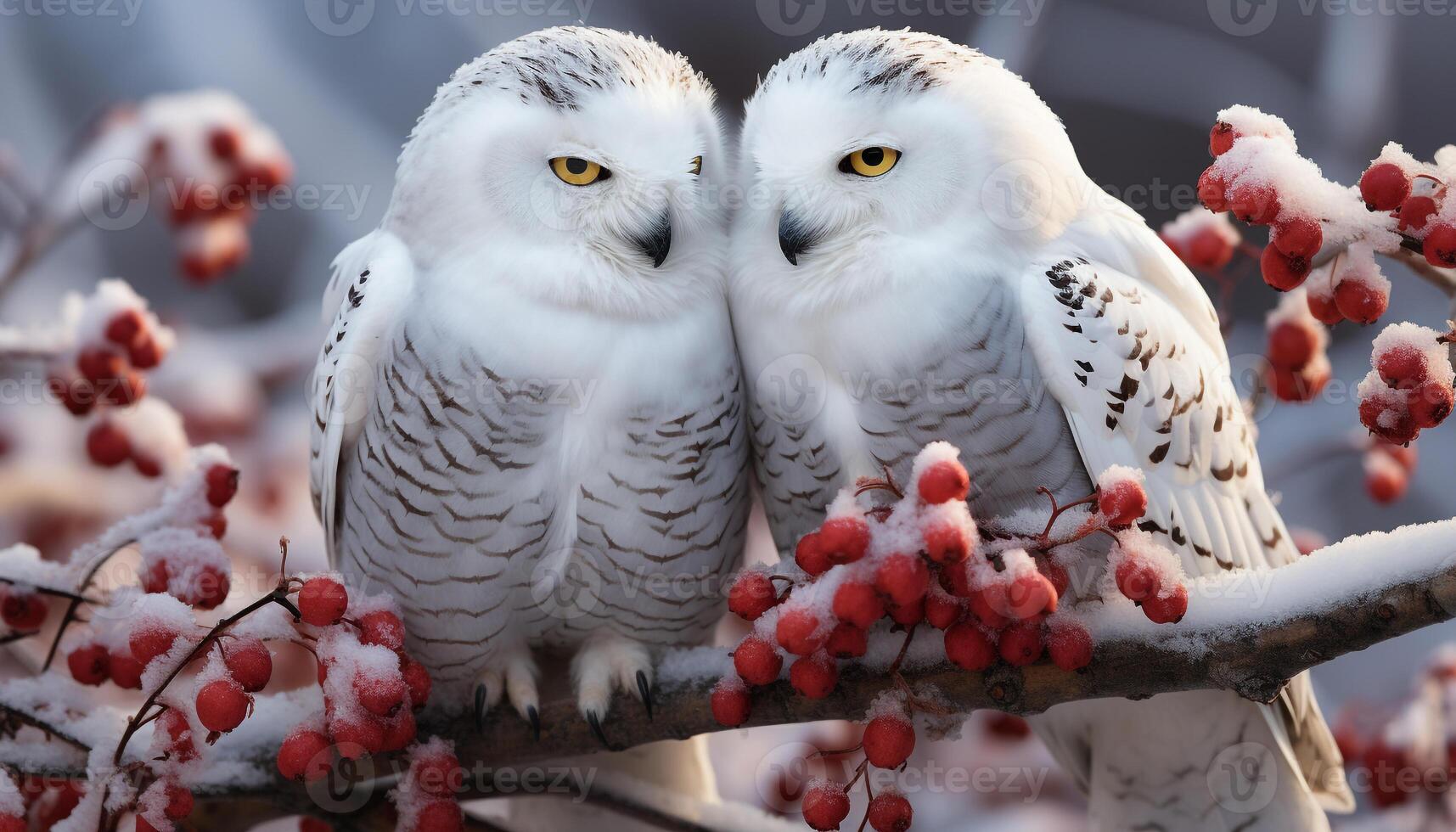 AI generated Snowy owl perching on branch, looking at camera with beady eyes generated by AI photo