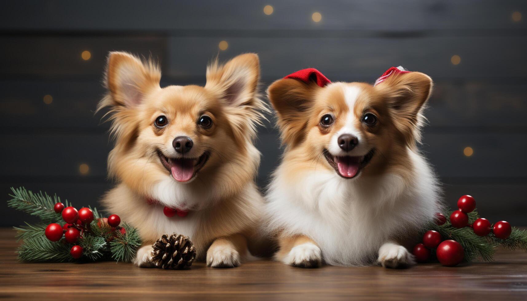 AI generated Cute puppy sitting on table, looking at camera, smiling generated by AI photo