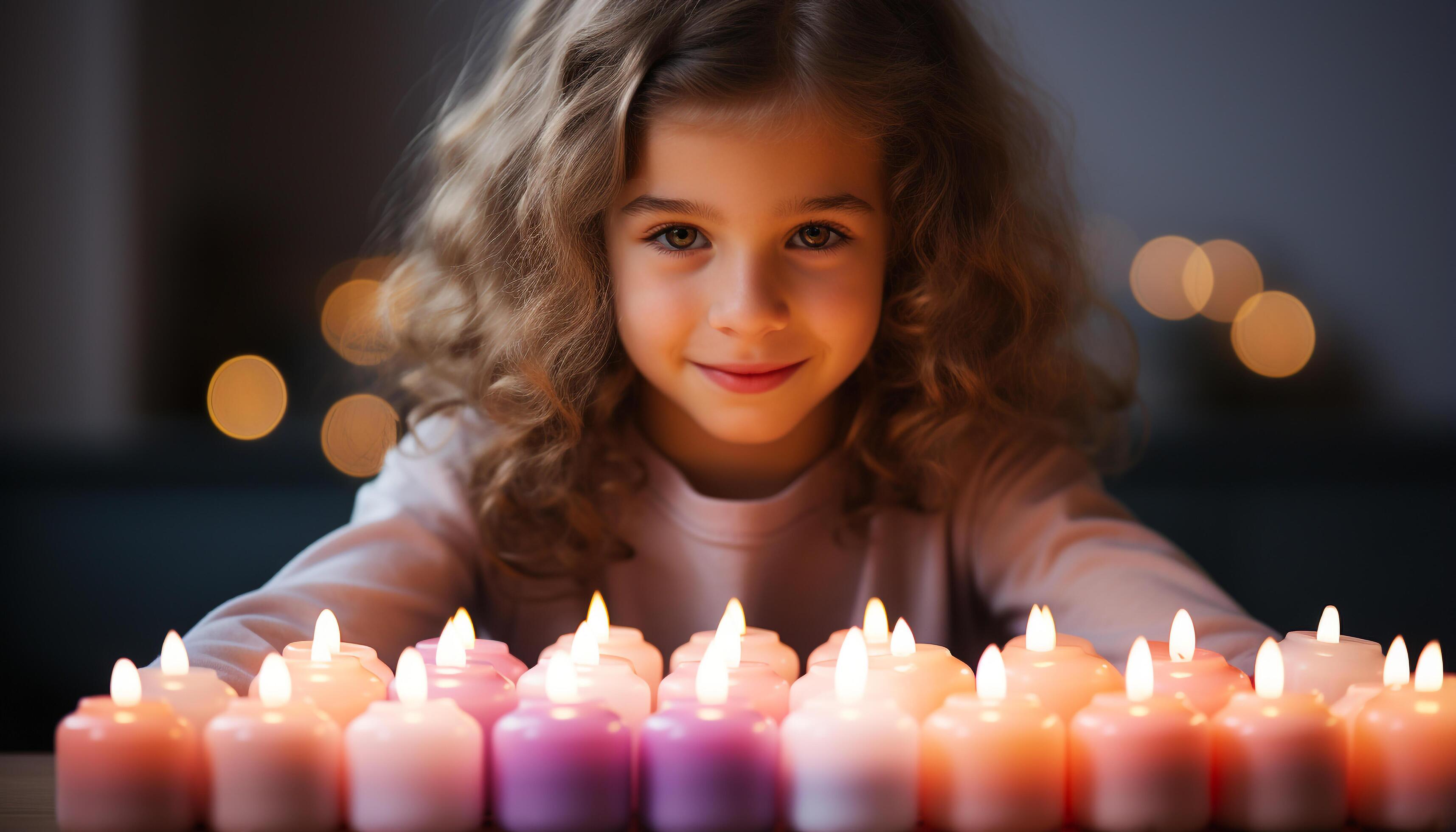 AI generated Smiling child holds candle, illuminating joy in cozy(01)