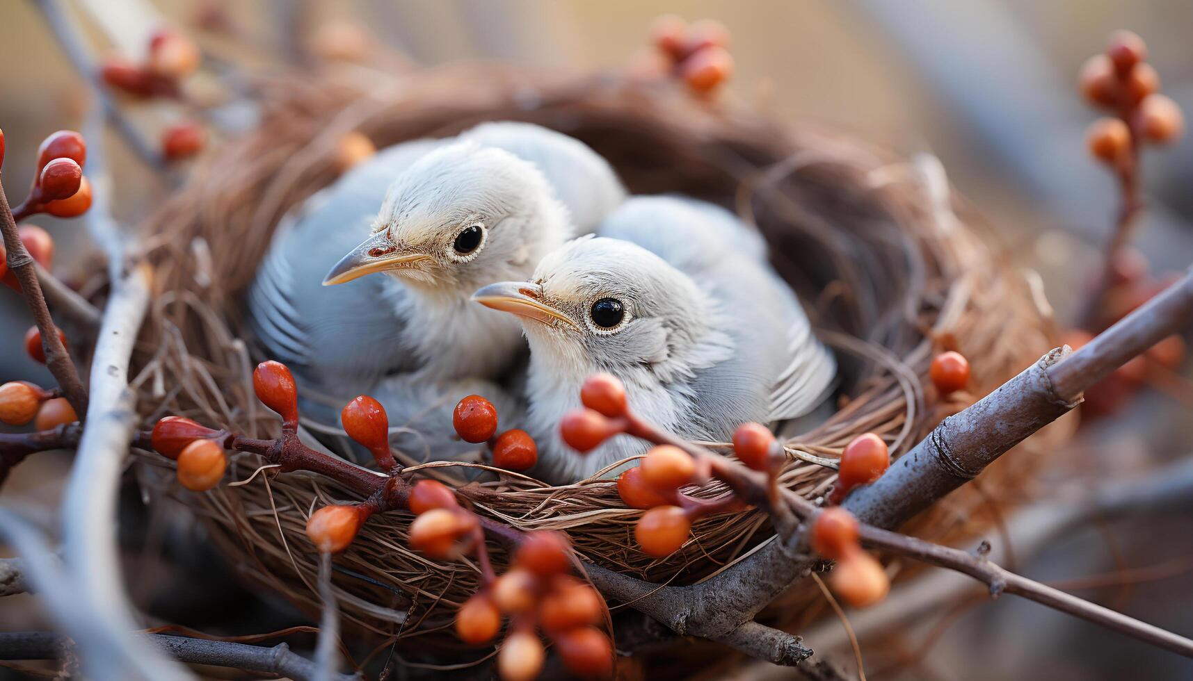 AI generated Cute baby bird hatching on branch, nature new life generated by AI photo