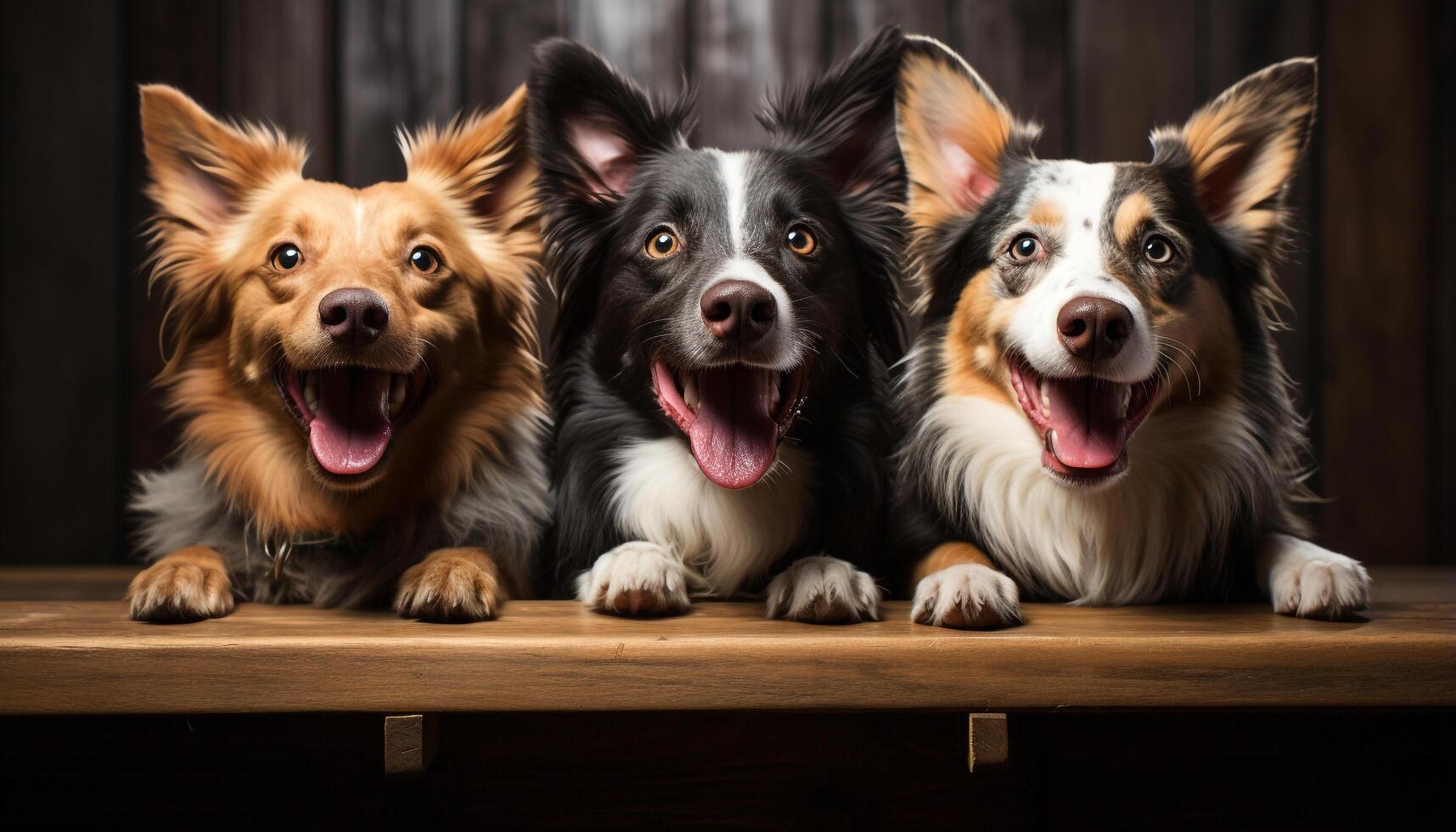 AI generated Cute purebred dogs sitting together, looking at camera, smiling generated by AI photo