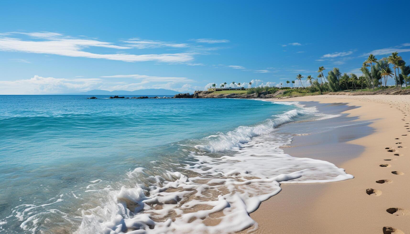 AI generated Idyllic tropical coastline, clear turquoise waters, palm trees, and sunset generated by AI photo