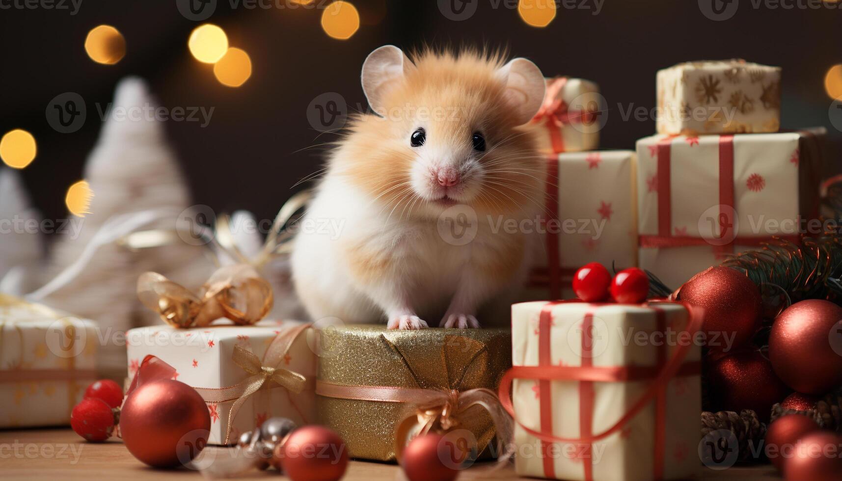 AI generated Cute animal looking at gift box under Christmas tree generated by AI photo