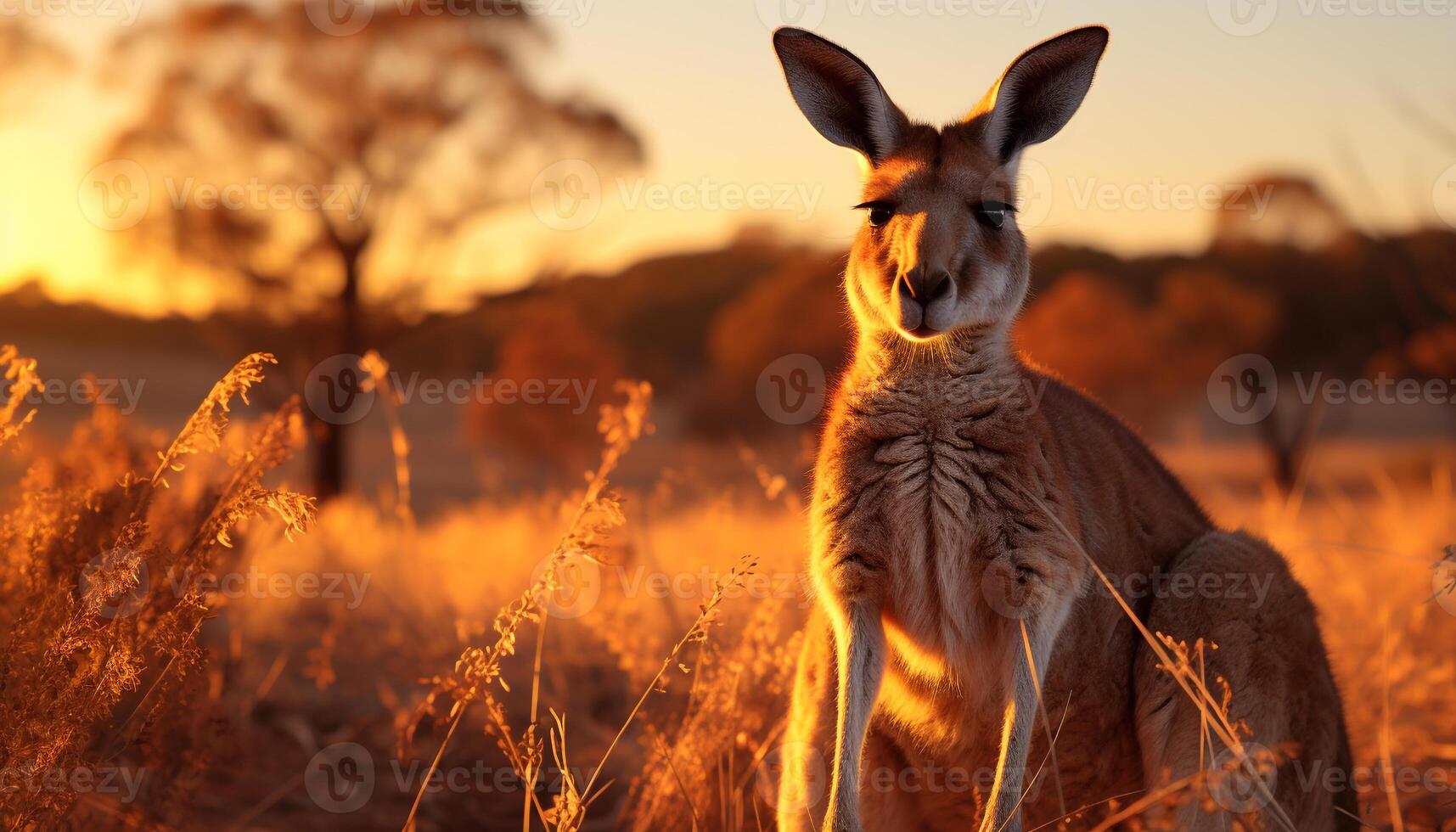 AI generated Cute marsupial grazing in tranquil meadow at sunset generated by AI photo