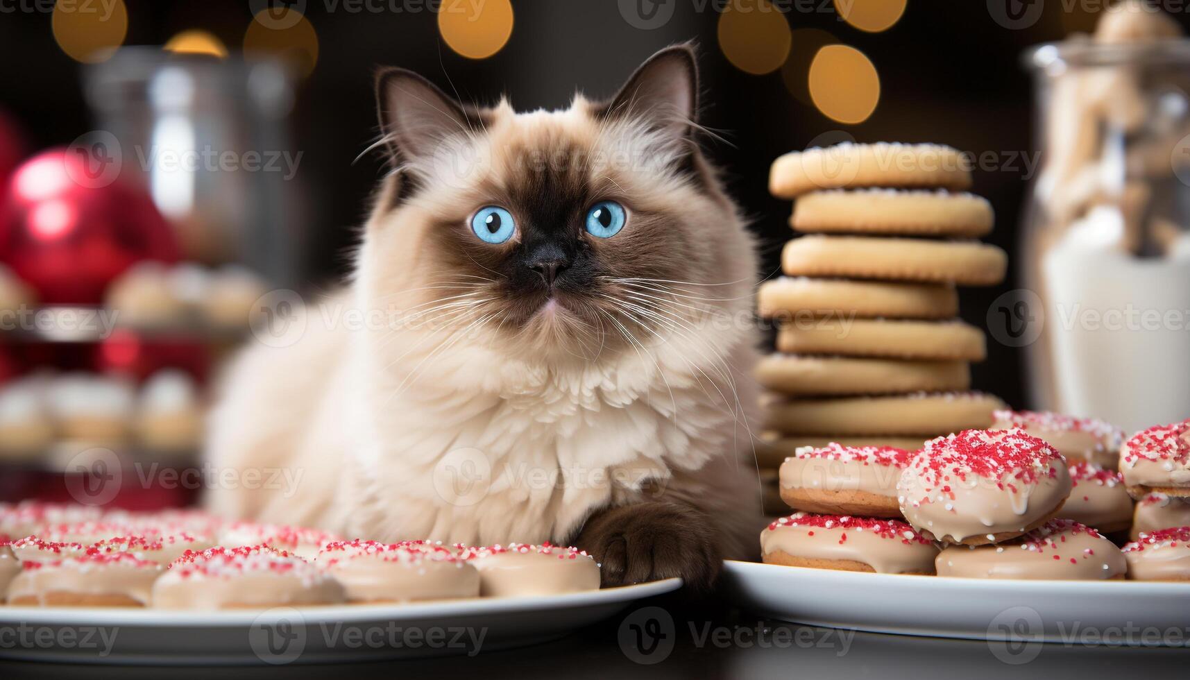 ai generado linda gatito comiendo hecho en casa Galleta en mesa, rodeado por regalos generado por ai foto