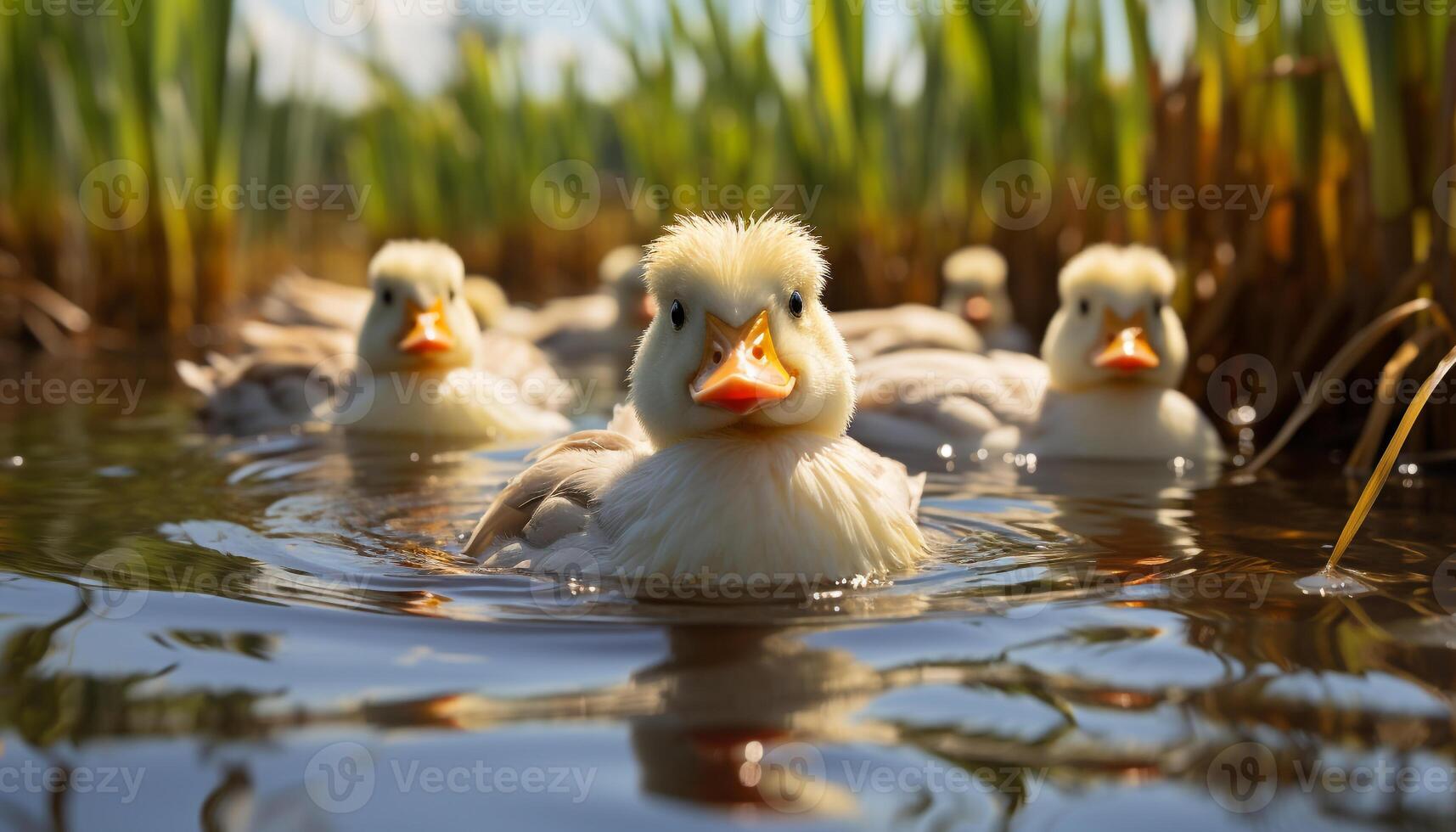 AI generated Cute duckling swimming in fresh water, enjoying summer outdoors generated by AI photo