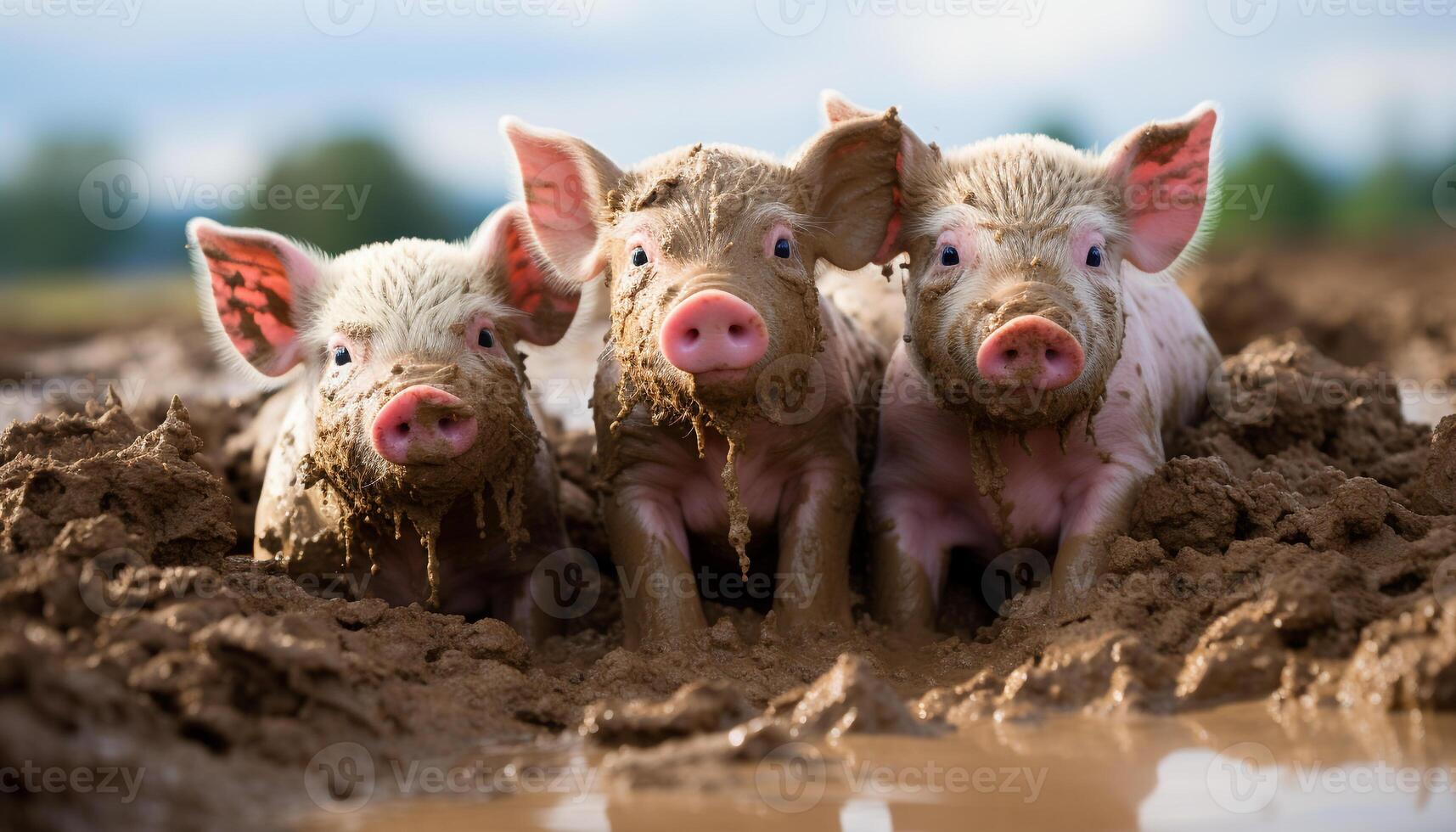 AI generated Cute piglet on a farm, enjoying muddy summer meal generated by AI photo