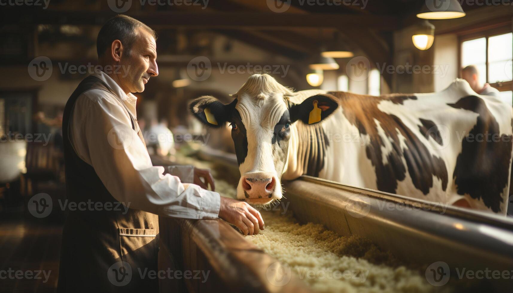 ai generado un granjero en un lechería granja con vacas, trabajando al aire libre generado por ai foto