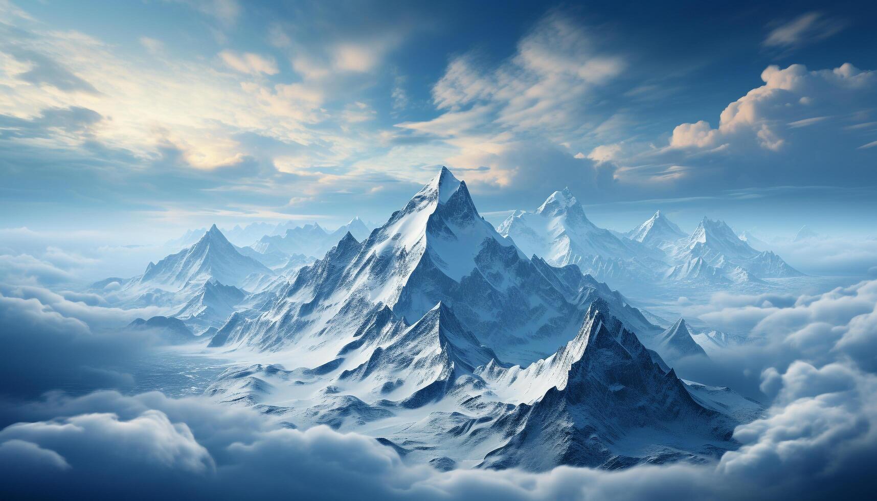 AI generated Majestic mountain peak, snow covered landscape, tranquil scene, blue sky generated by AI photo