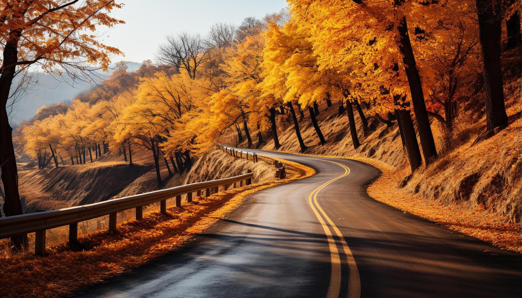 AI generated The autumn tree curves, vanishing on tranquil country road generated by AI photo