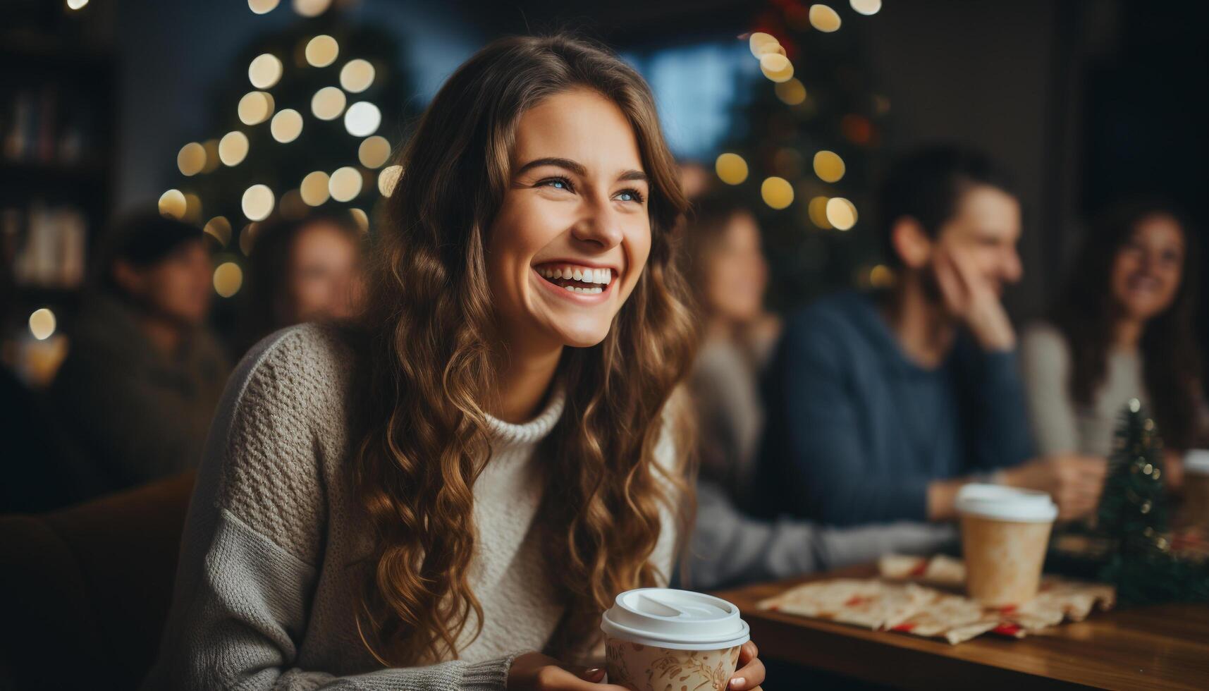 AI generated Smiling adults enjoy Christmas tree, drink hot coffee, and bond generated by AI photo