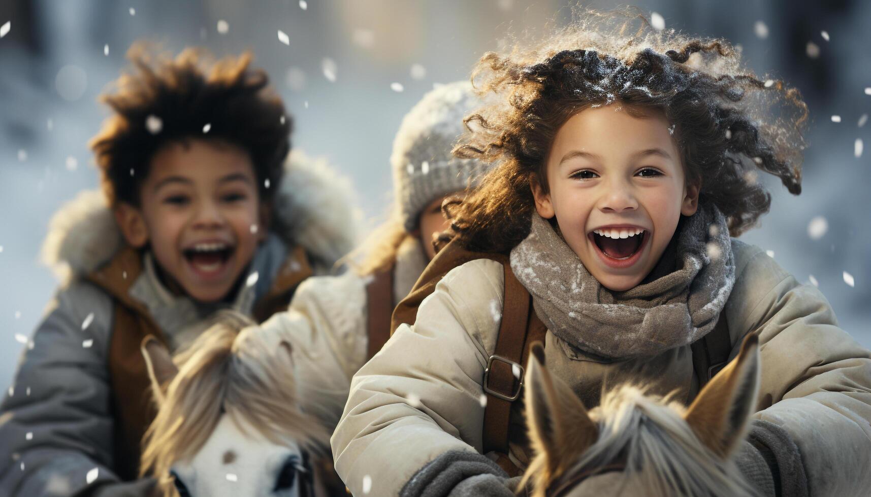 AI generated Smiling children playing in the snow, enjoying winter outdoors generated by AI photo