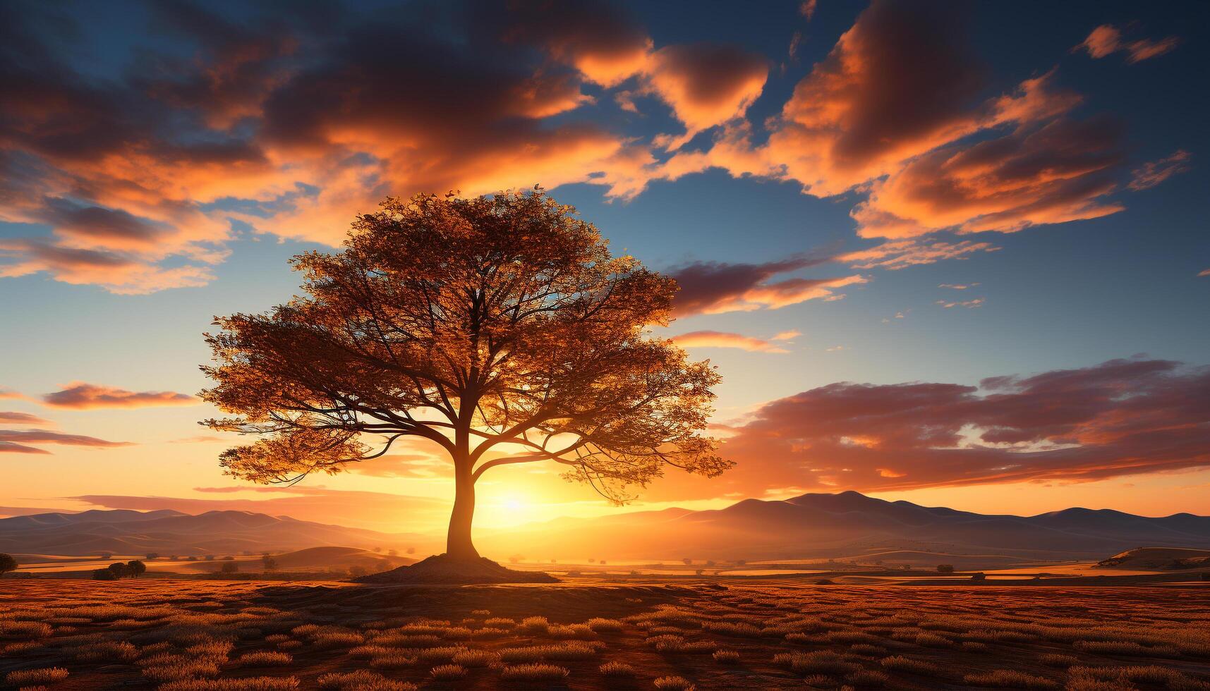 ai generado silueta de árbol, puesta de sol cielo, naturaleza belleza en tranquilo oscuridad generado por ai foto