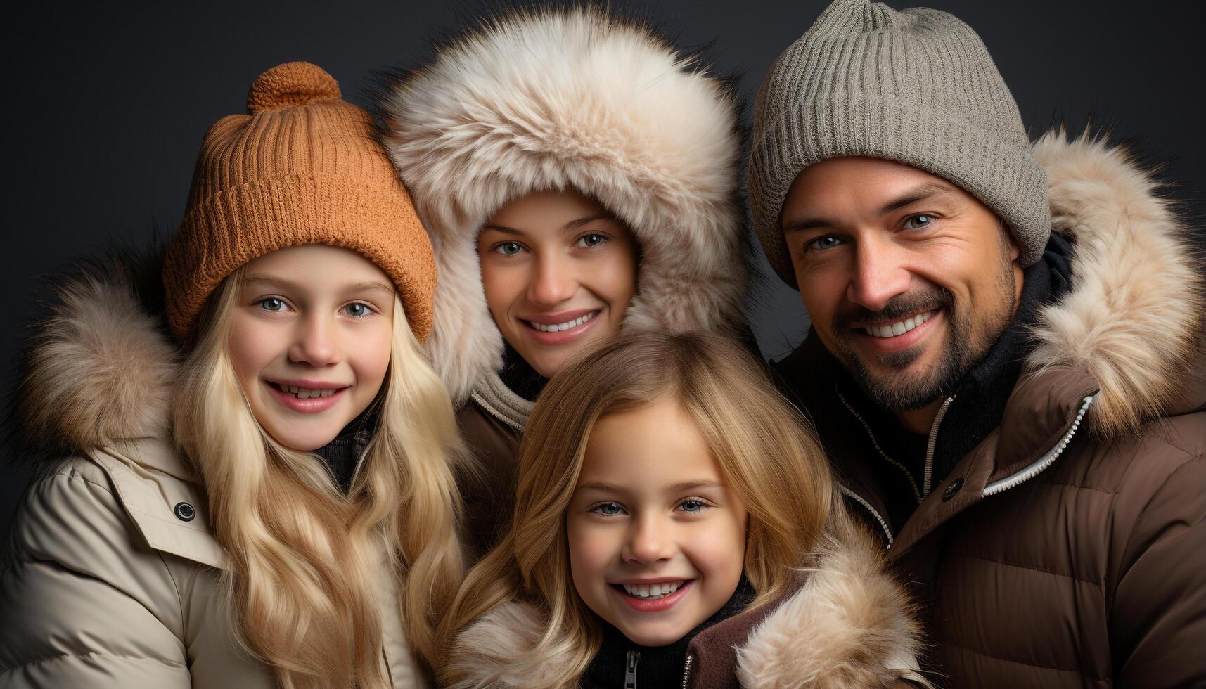 AI generated Smiling family embraces winter, radiating love and happiness together generated by AI photo