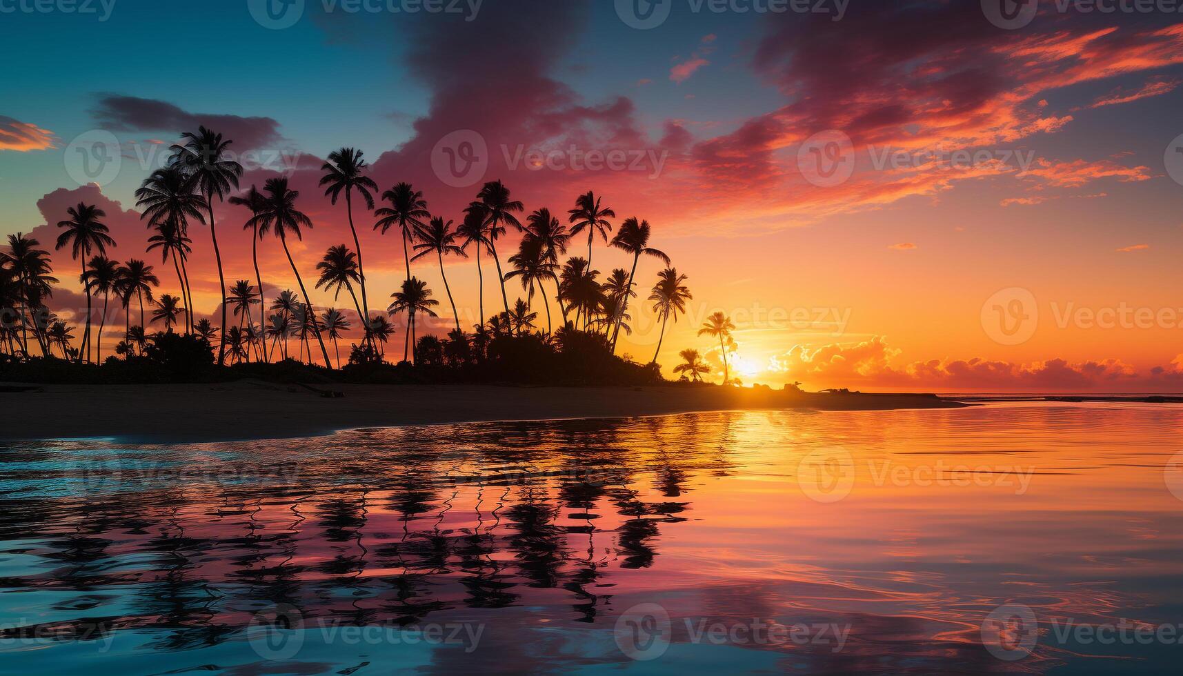 AI generated Tropical sunset, palm tree silhouette, tranquil water reflection, serene beauty generated by AI photo