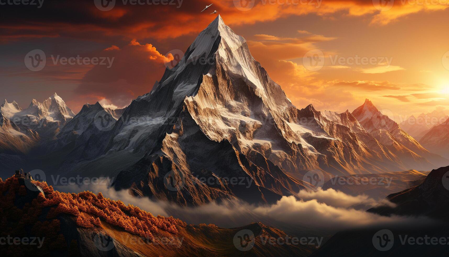 AI generated Majestic mountain peak, nature beauty, tranquil sunset silhouette generated by AI photo