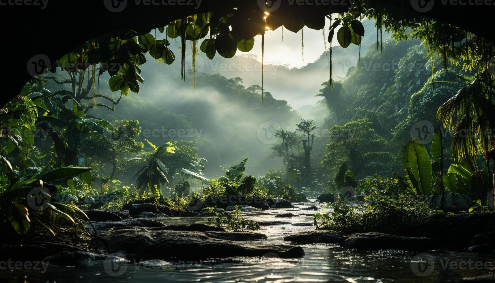 ai generado tranquilo tropical selva verde hojas, niebla, reflexión en estanque generado por ai foto