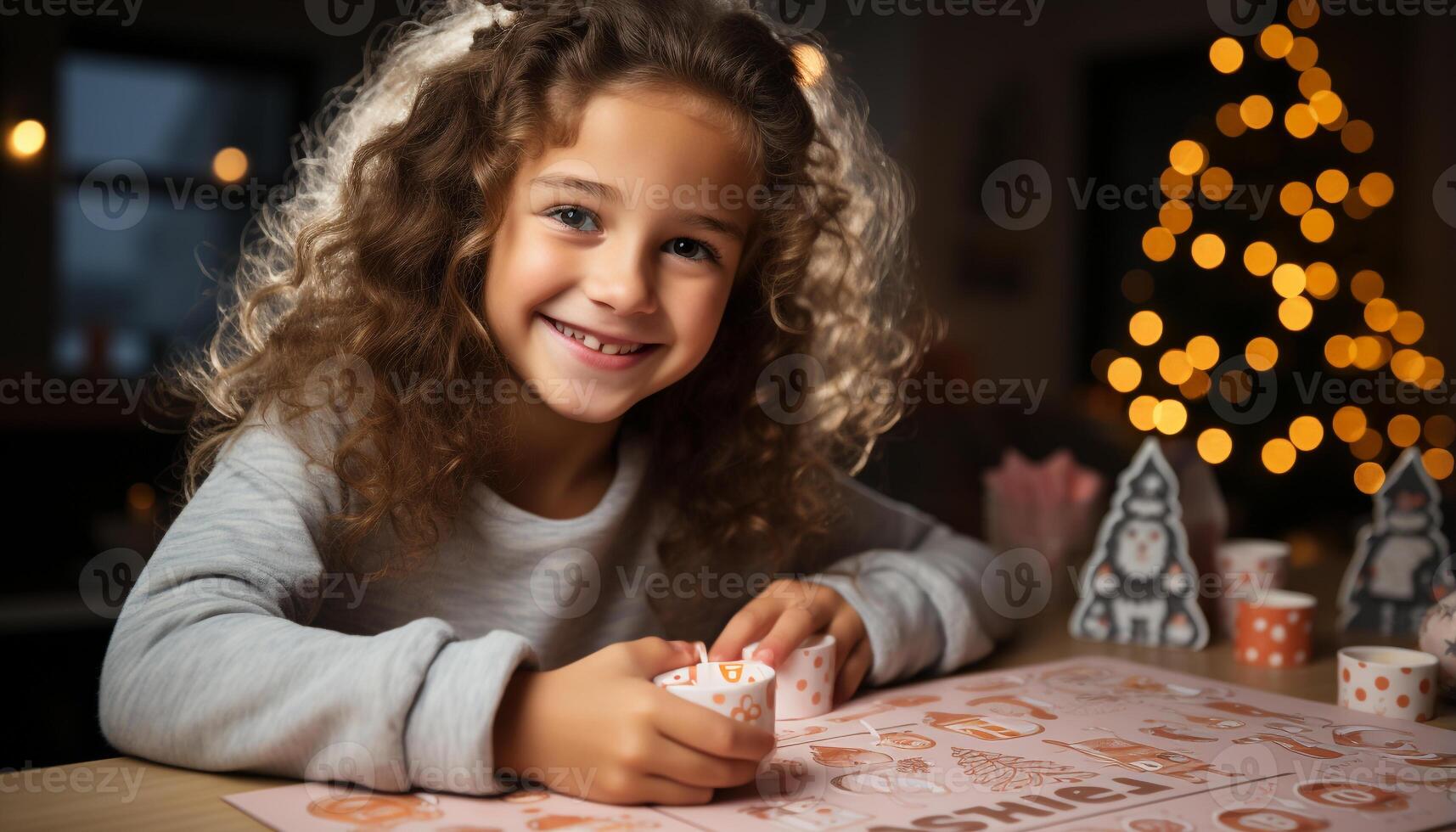 AI generated Smiling girl, cute and cheerful, playing indoors with Christmas lights generated by AI photo