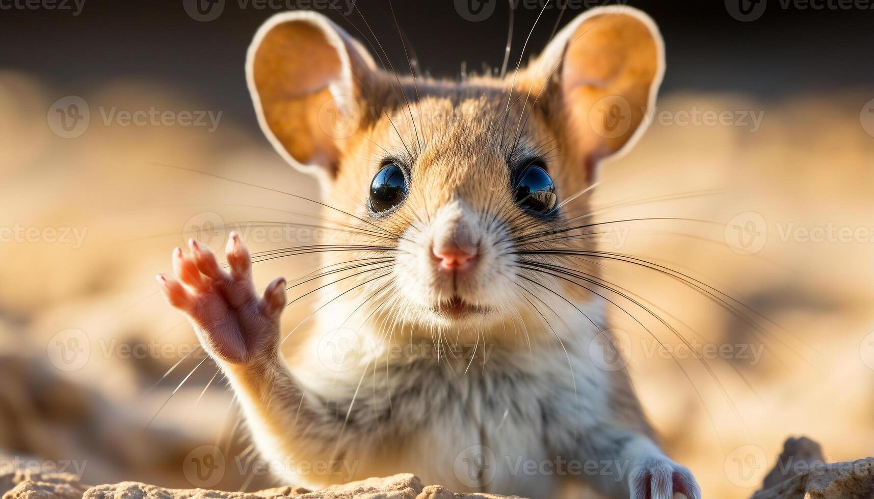 AI generated Cute small mouse, fluffy fur, looking at camera with curiosity generated by AI photo