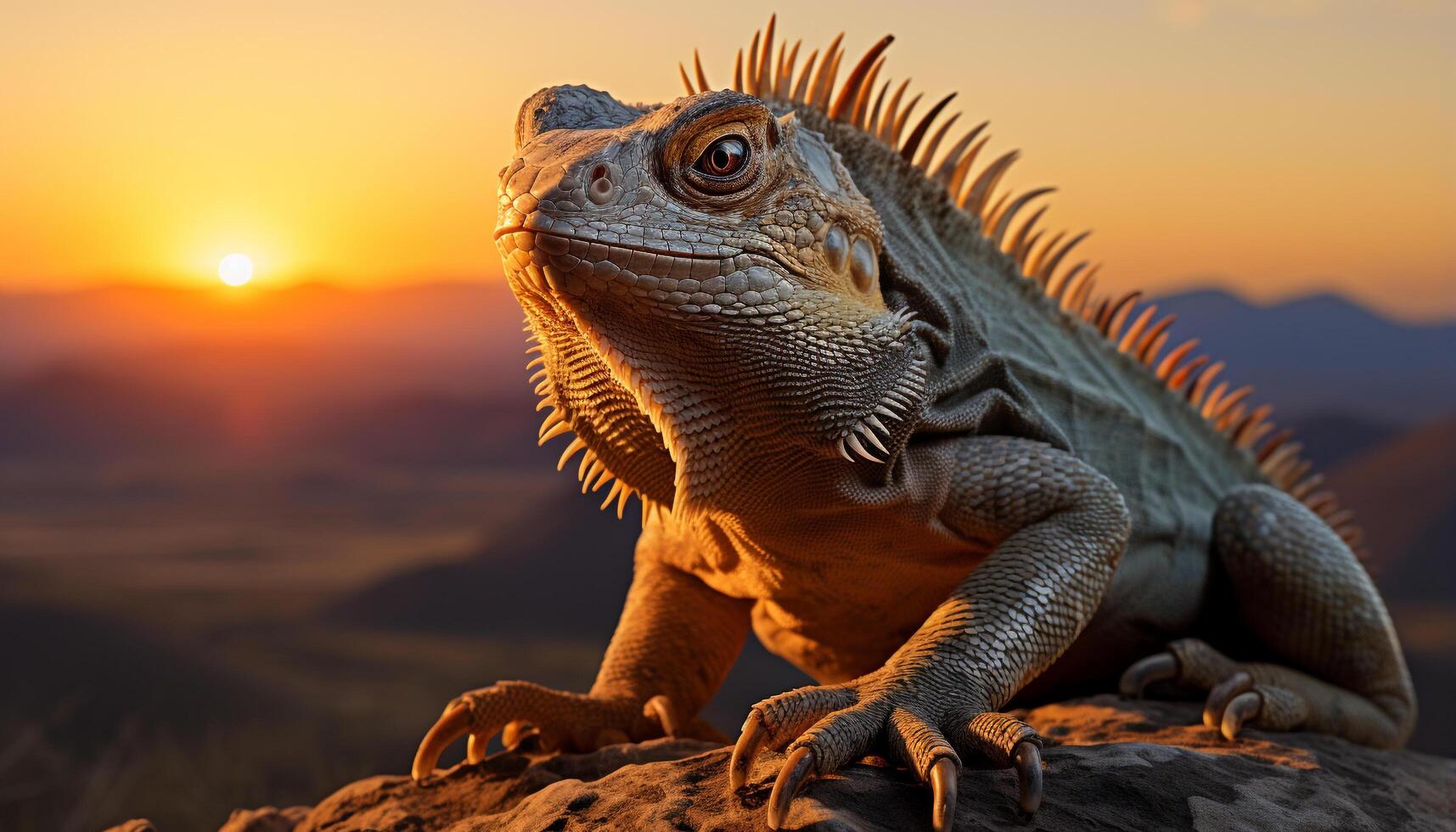 AI generated Majestic lizard, sunset beauty, nature portrait, green forest generated by AI photo