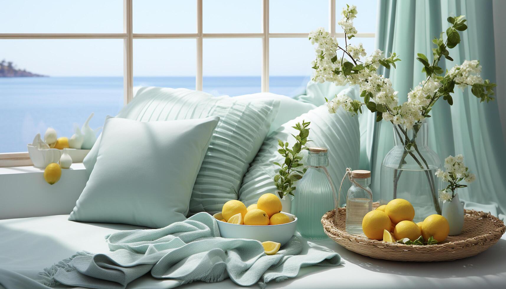 AI generated Comfortable bedroom with modern decor, fresh fruit, and relaxation generated by AI photo