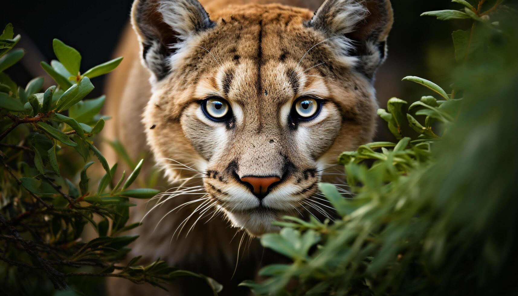 ai generado majestuoso Tigre curioso, belleza en naturaleza, gato montés ocultación en bosque generado por ai foto