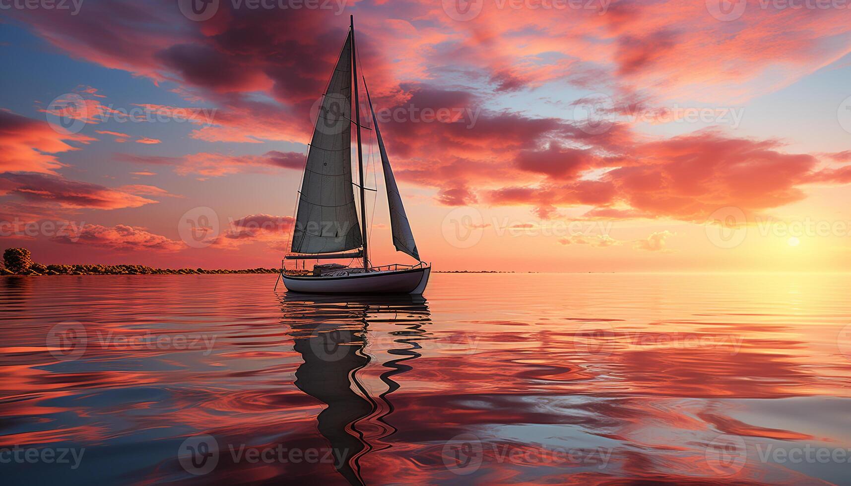 AI generated Sailboat sailing on tranquil water, sunset paints nature beauty generated by AI photo
