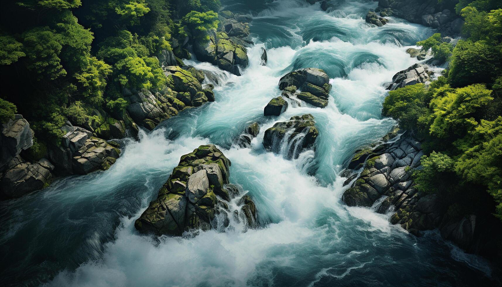 ai generado majestuoso montaña, fluido agua, verde bosque, belleza en naturaleza generado por ai foto