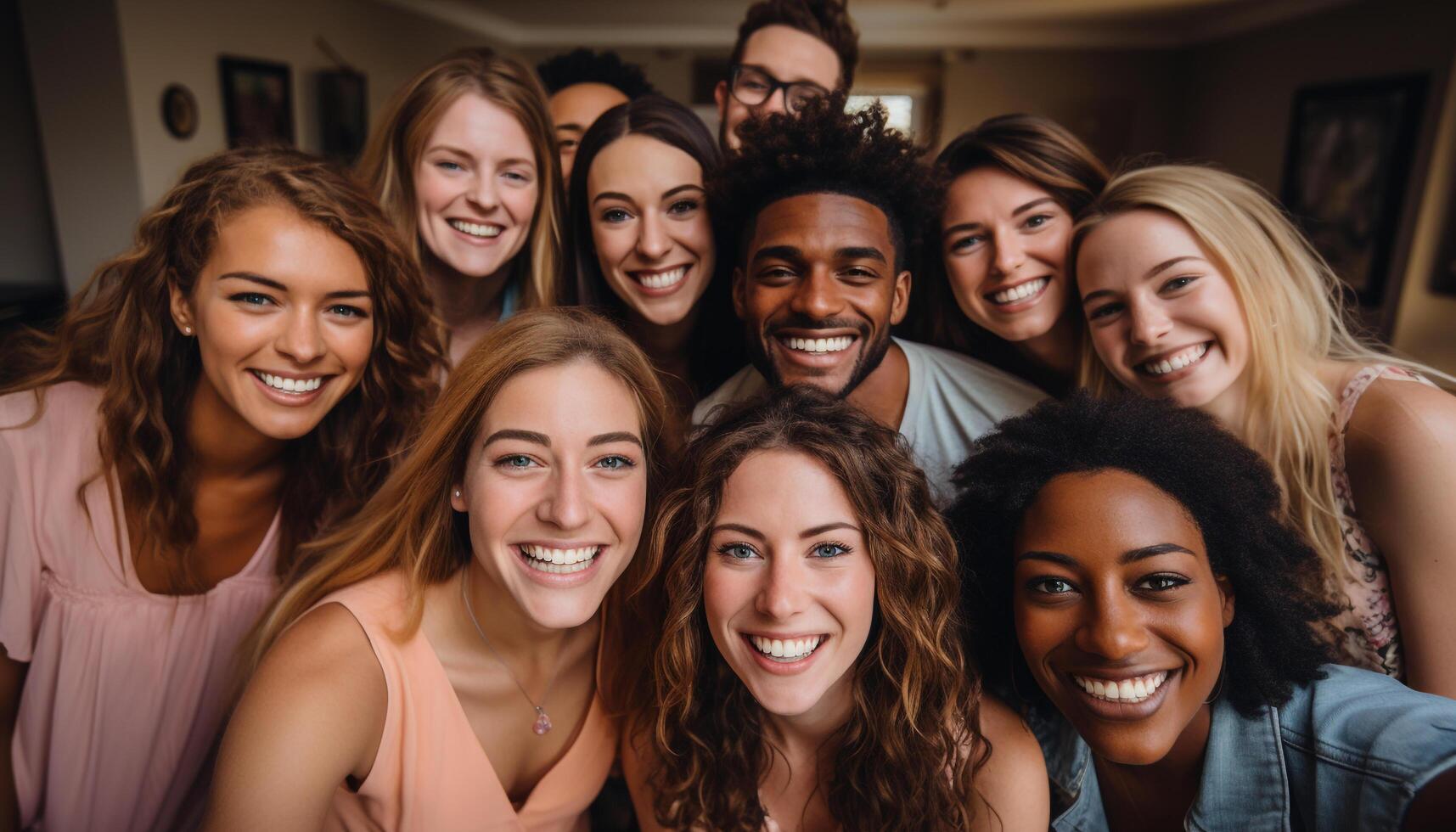 AI generated A cheerful group of young adults smiling, enjoying a nightclub generated by AI photo