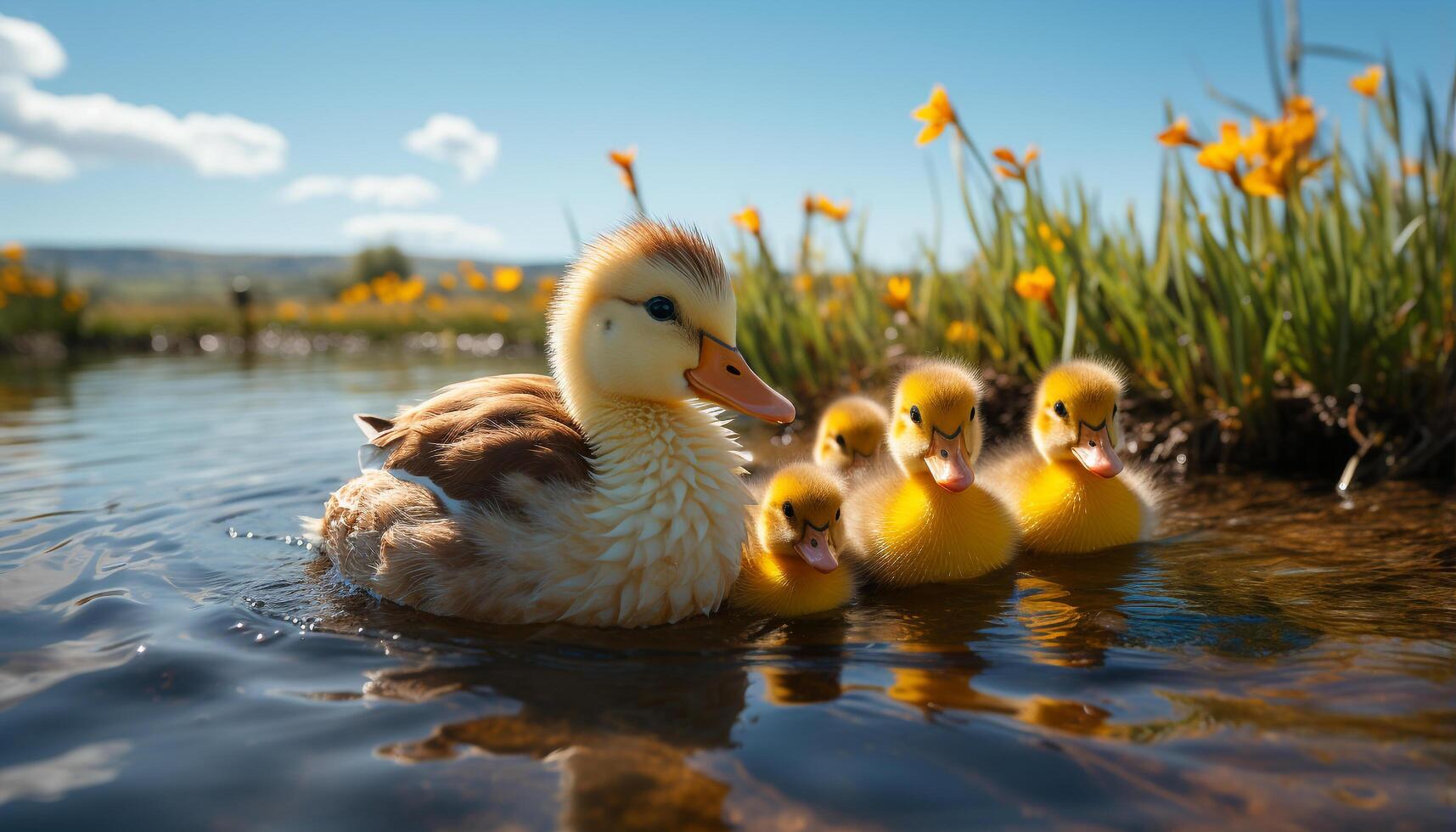 AI generated Cute duckling in the pond, surrounded by nature beauty generated by AI photo