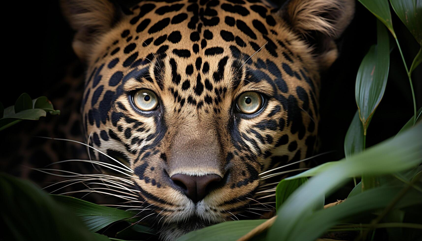 AI generated Majestic big cat staring, striped fur, wild beauty in nature generated by AI photo