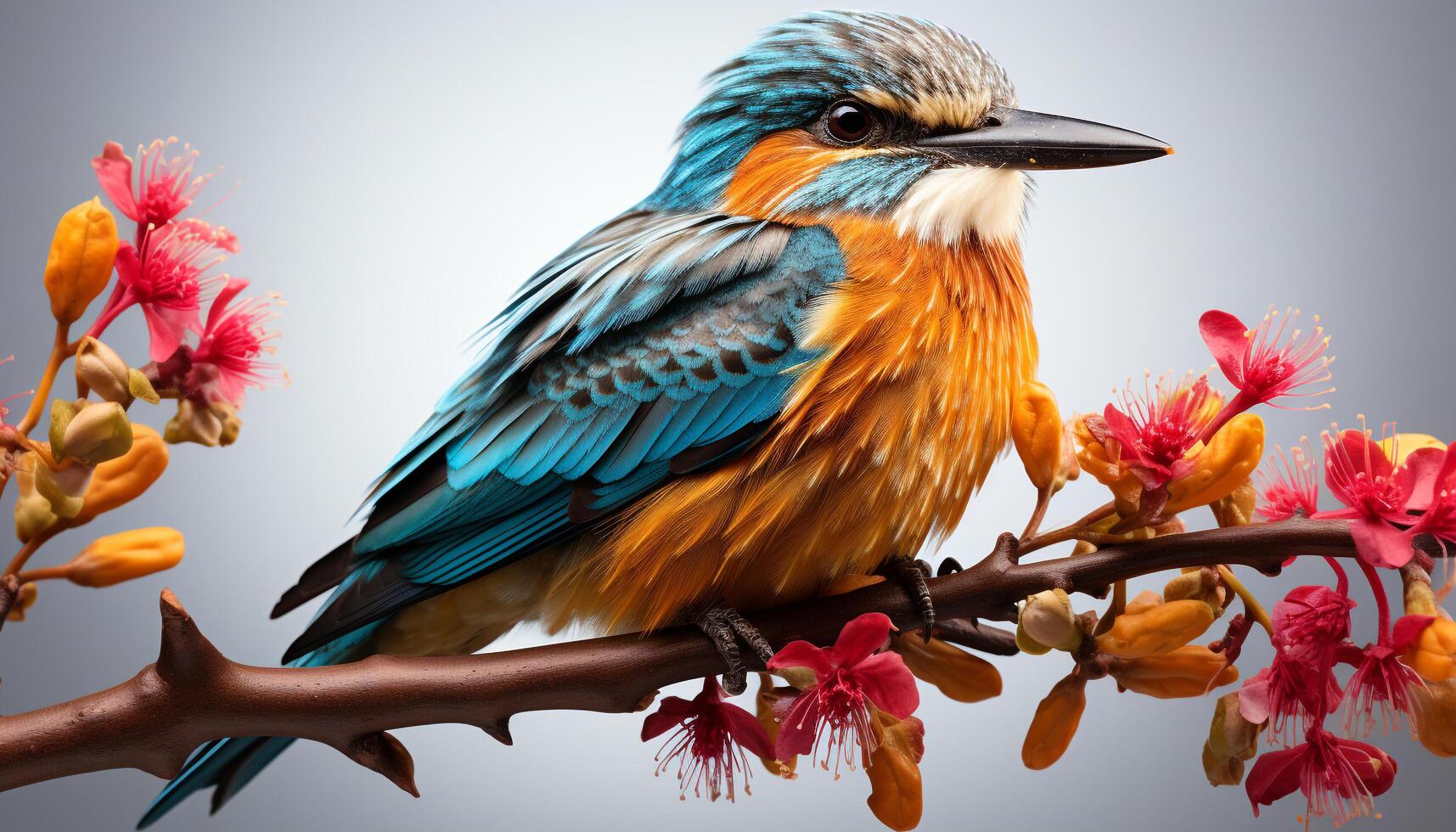 AI generated A cute bee eater perching on a branch, surrounded by vibrant flowers generated by AI photo